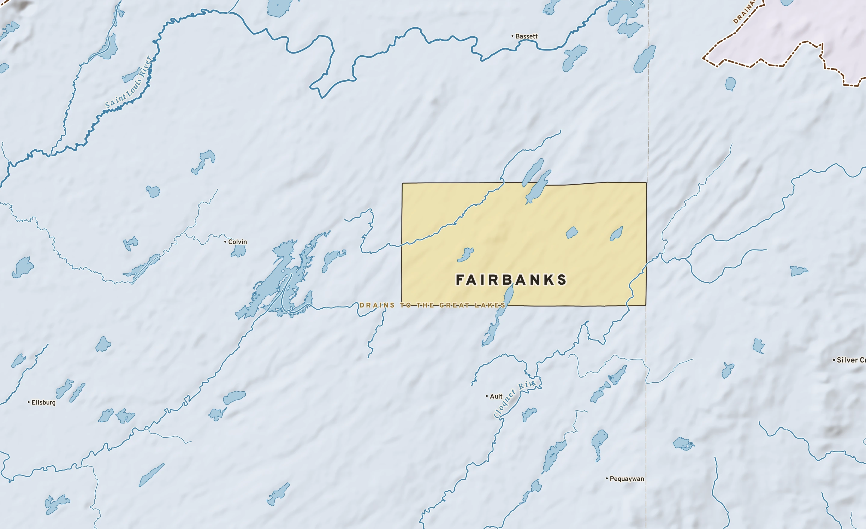 Shaded-relief atlas plate of Fairbanks, Minnesota: rivers, roads, the city limits and where the water drains.