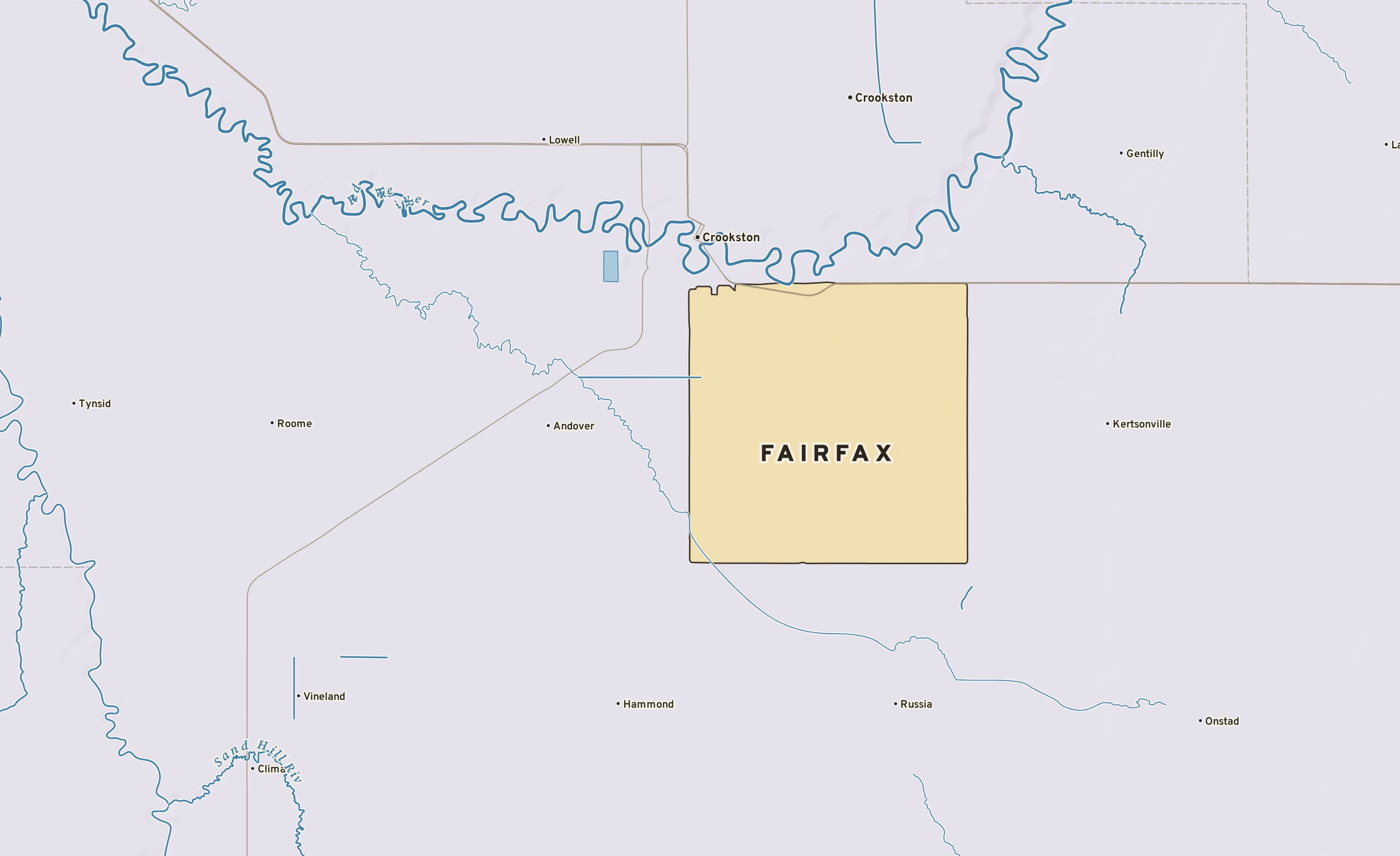 Shaded-relief atlas plate of Fairfax, Minnesota: rivers, roads, the city limits and where the water drains.