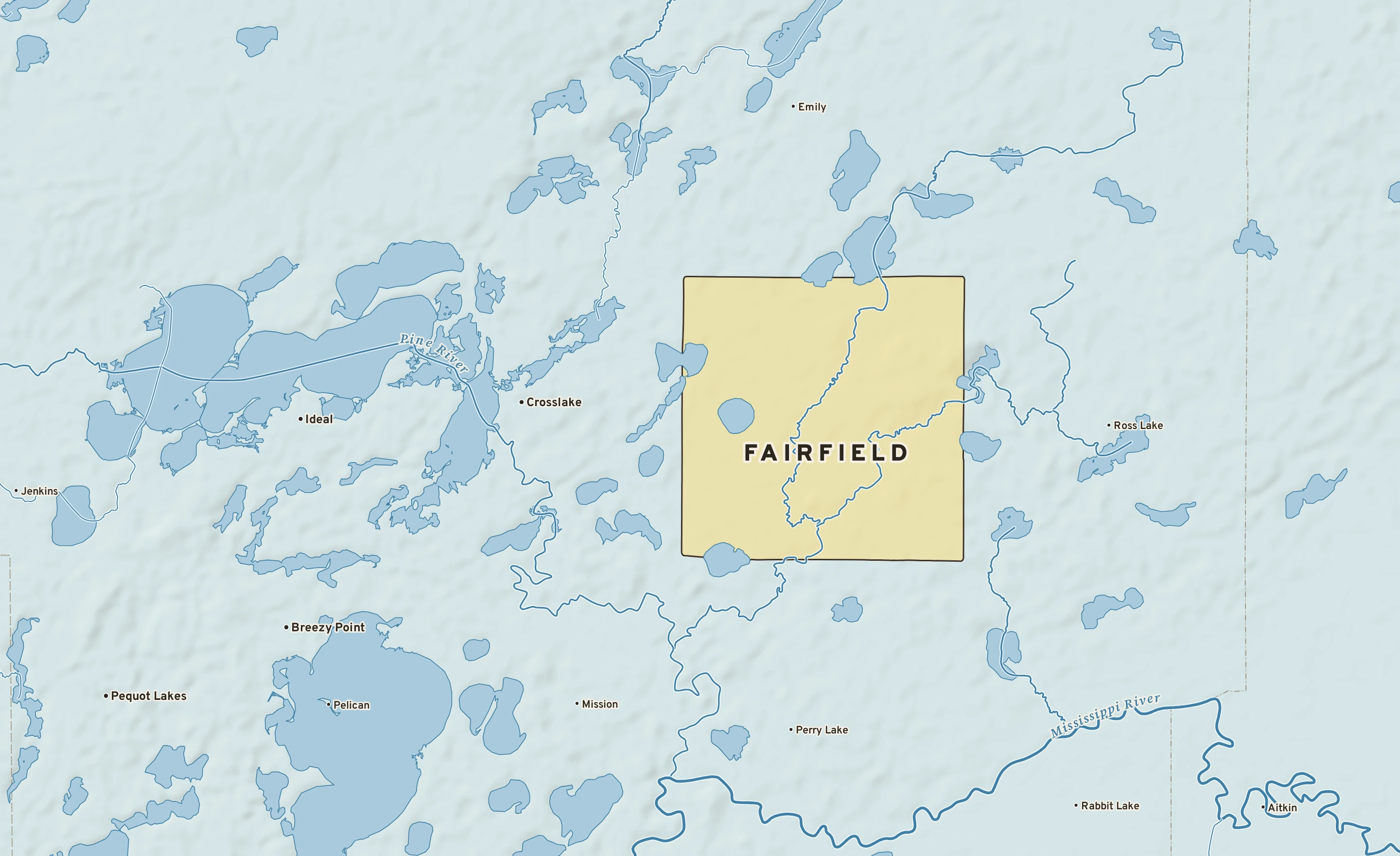 Shaded-relief atlas plate of Fairfield, Minnesota: rivers, roads, the city limits and where the water drains.