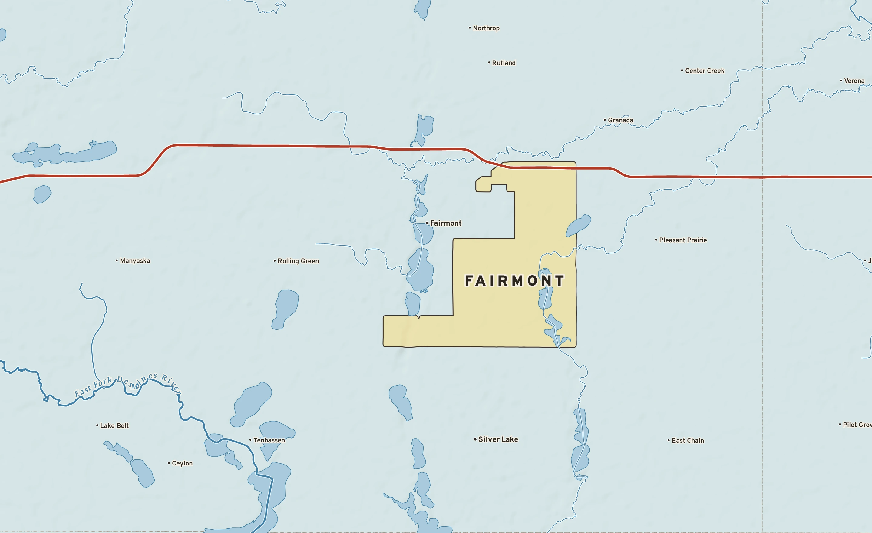 Shaded-relief atlas plate of Fairmont, Minnesota: rivers, roads, the city limits and where the water drains.