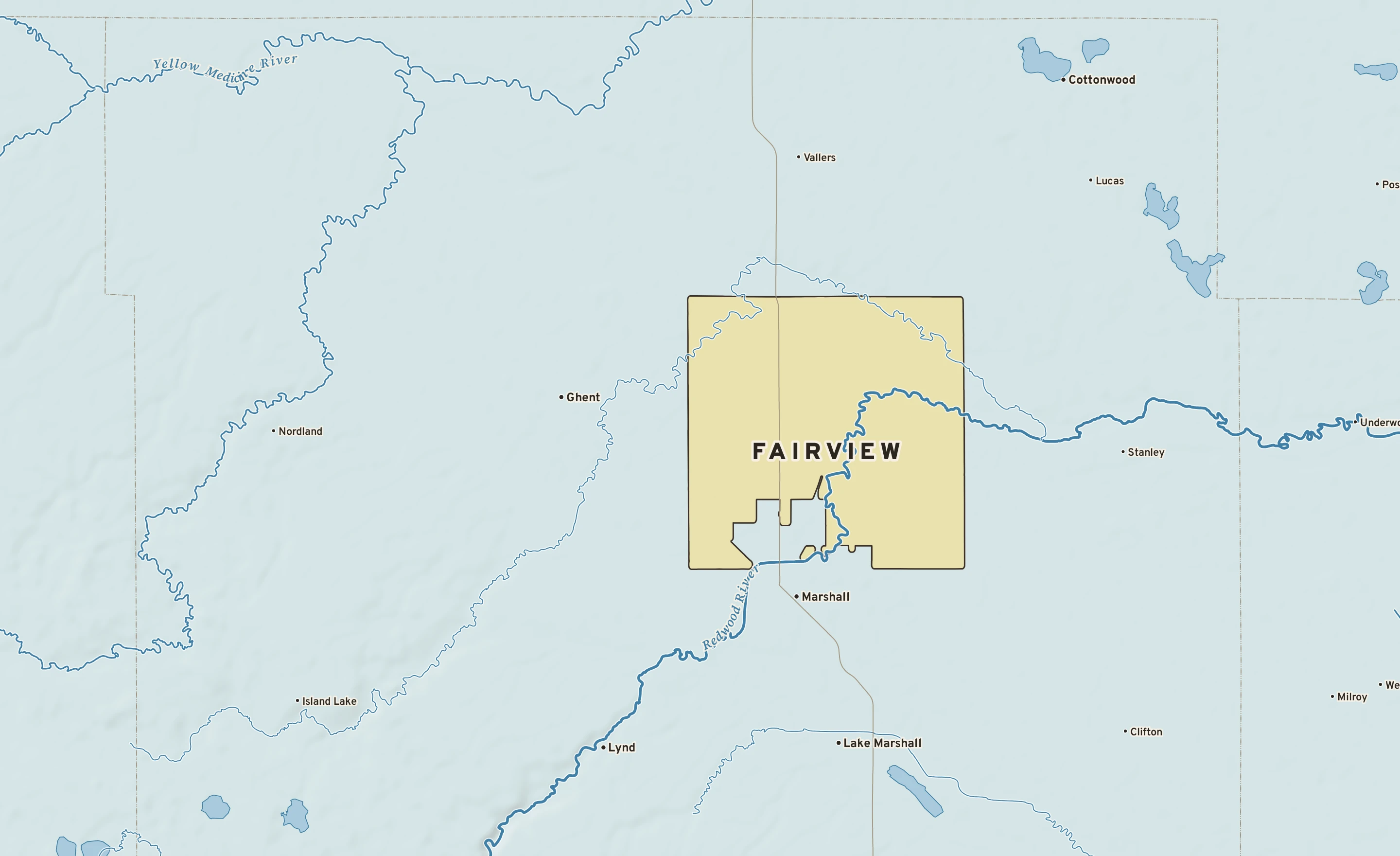 Shaded-relief atlas plate of Fairview, Minnesota: rivers, roads, the city limits and where the water drains.