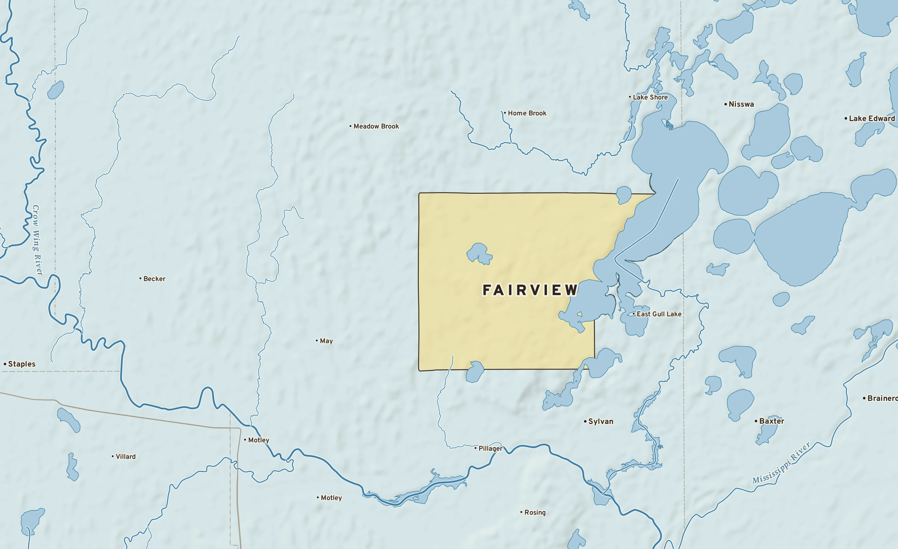 Shaded-relief atlas plate of Fairview, Minnesota: rivers, roads, the city limits and where the water drains.