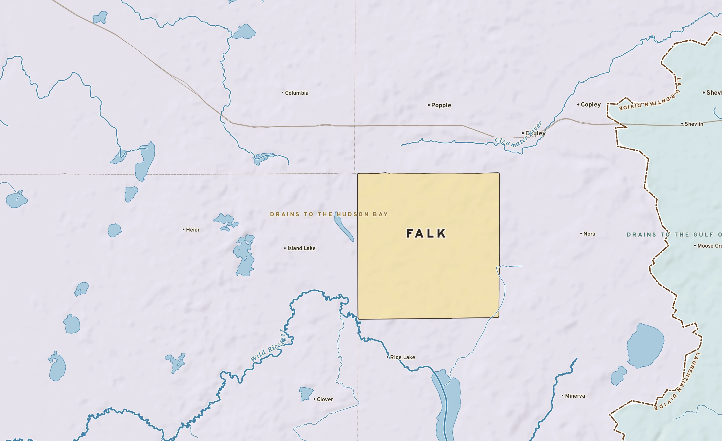 Shaded-relief atlas plate of Falk, Minnesota: rivers, roads, the city limits and where the water drains.