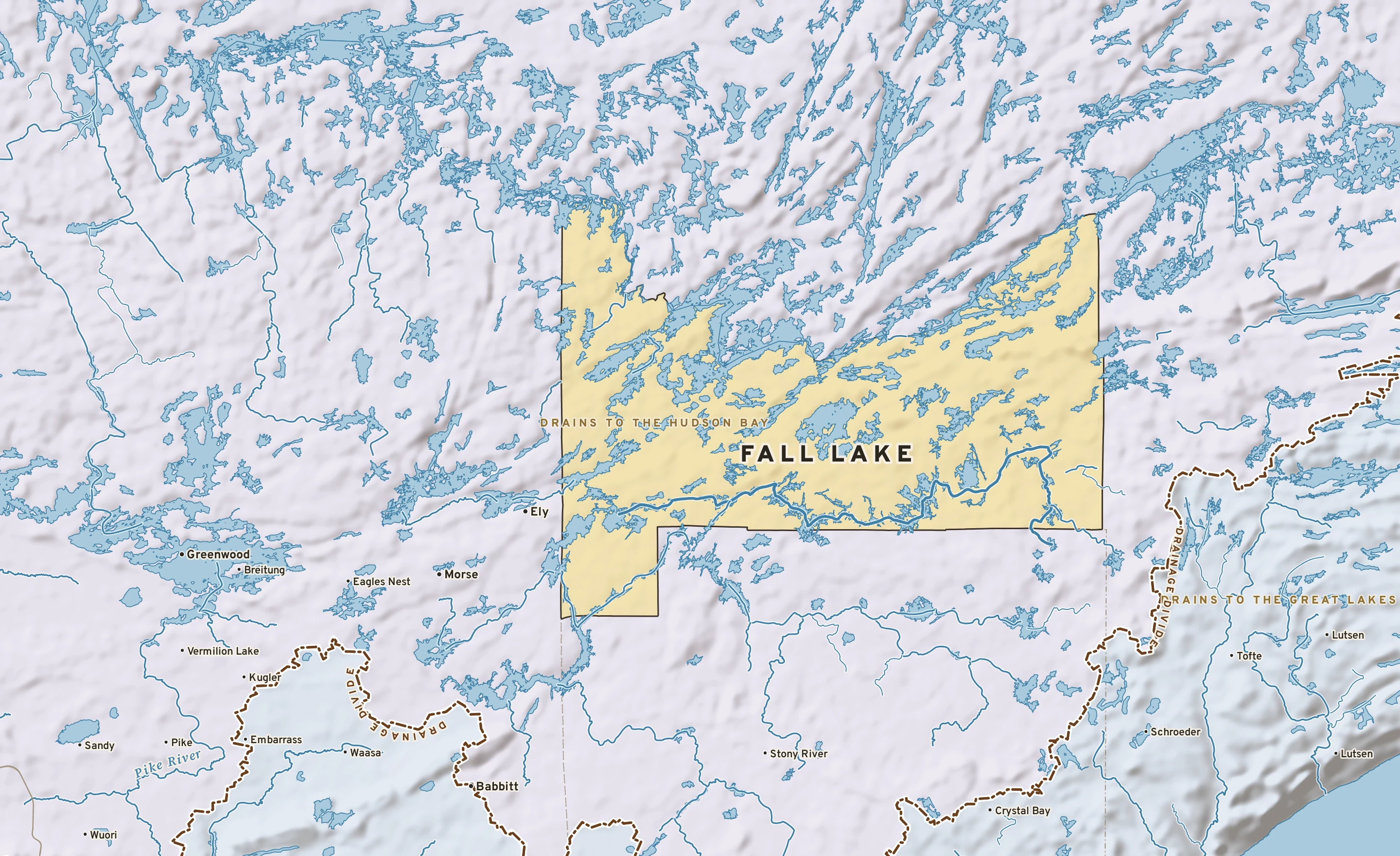 Shaded-relief atlas plate of Fall Lake, Minnesota: rivers, roads, the city limits and where the water drains.
