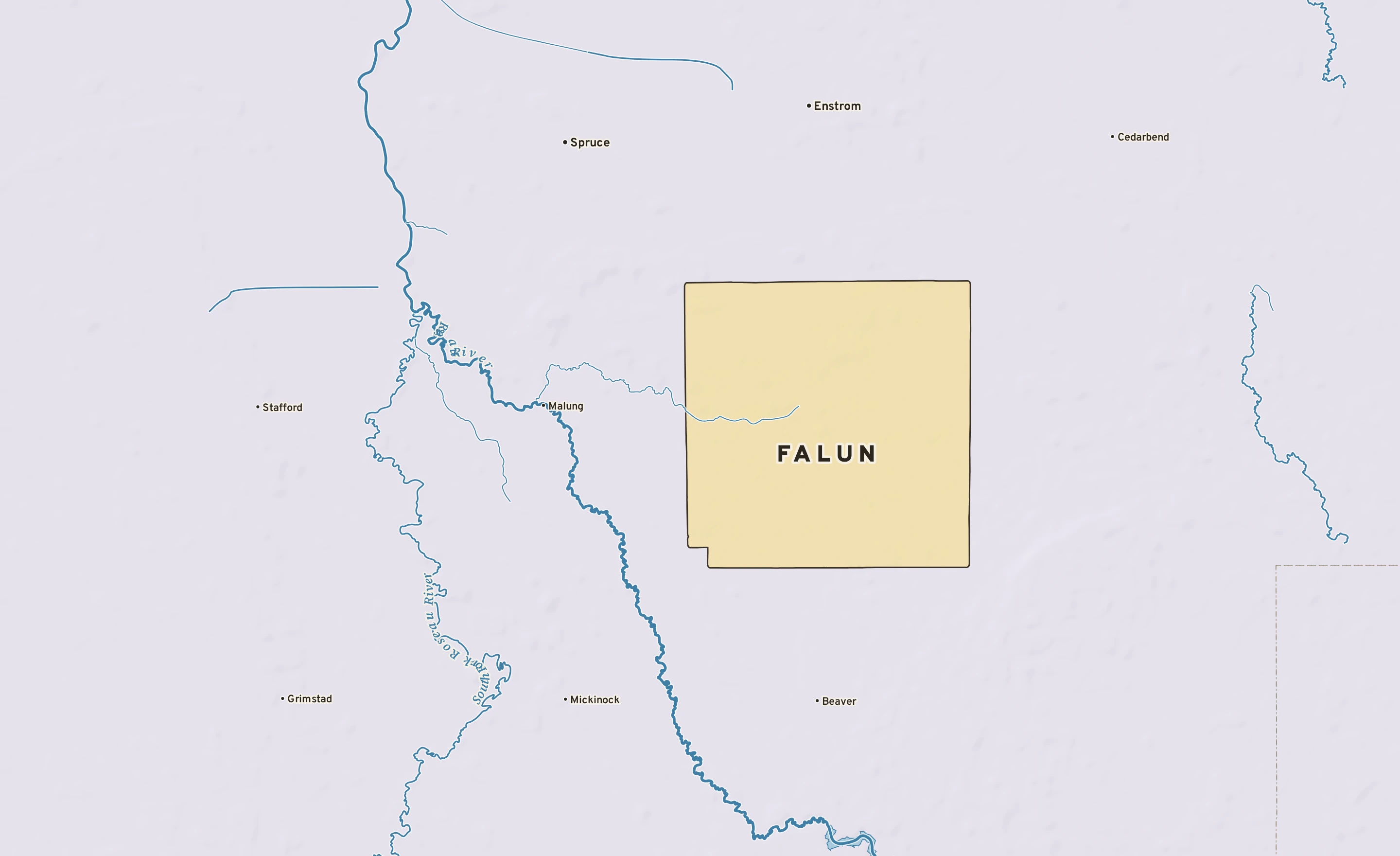 Shaded-relief atlas plate of Falun, Minnesota: rivers, roads, the city limits and where the water drains.