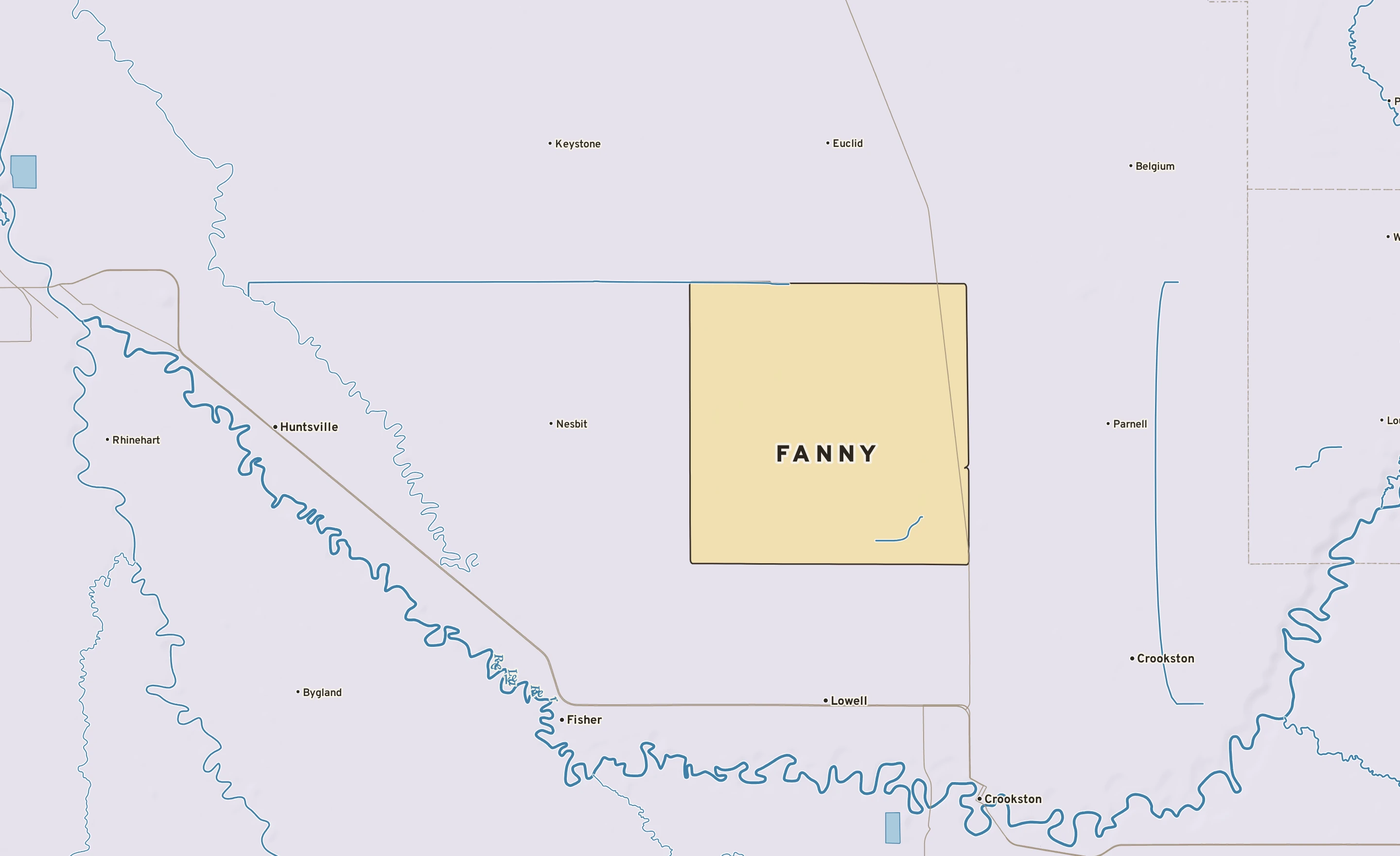 Shaded-relief atlas plate of Fanny, Minnesota: rivers, roads, the city limits and where the water drains.