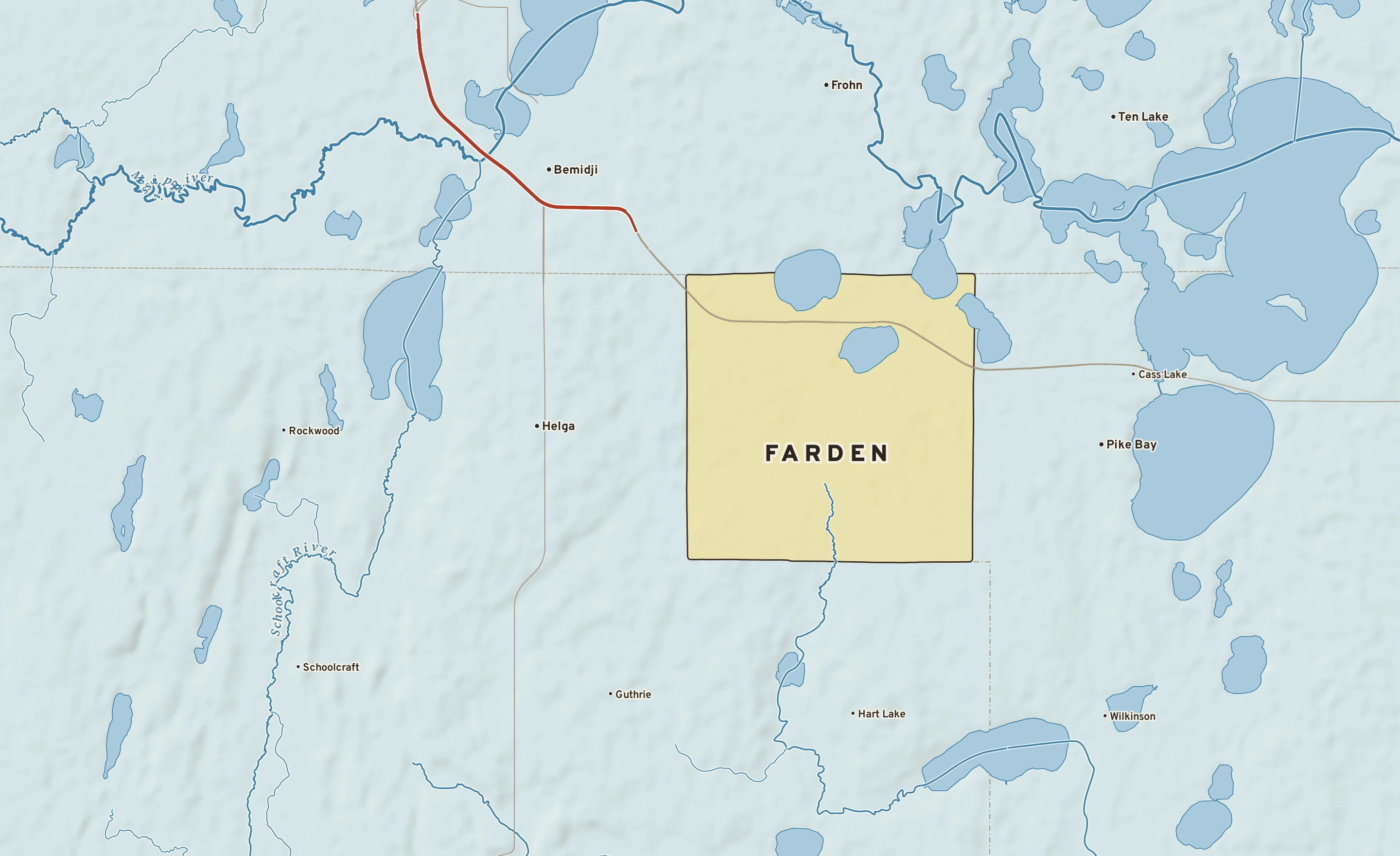 Shaded-relief atlas plate of Farden, Minnesota: rivers, roads, the city limits and where the water drains.