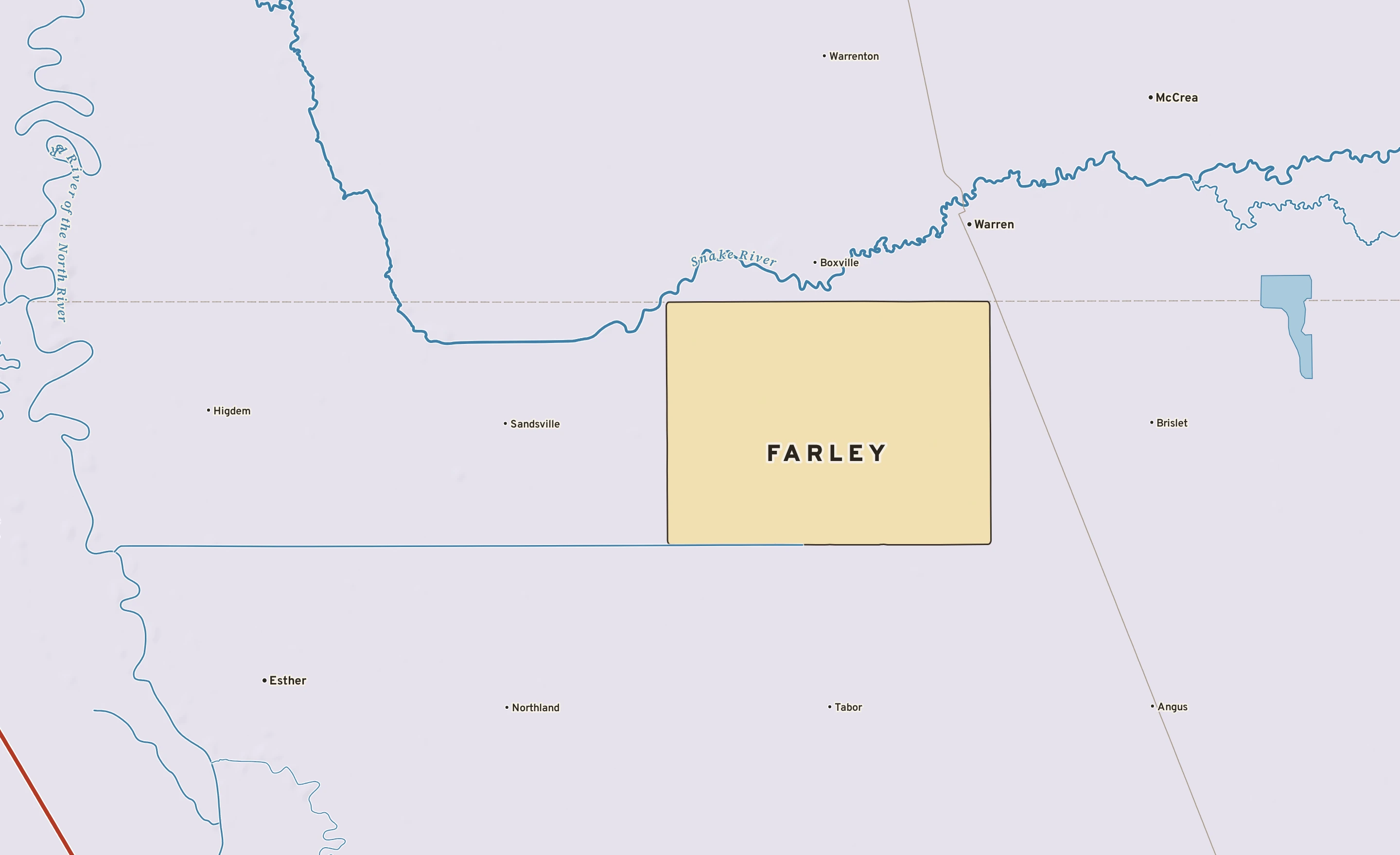 Shaded-relief atlas plate of Farley, Minnesota: rivers, roads, the city limits and where the water drains.