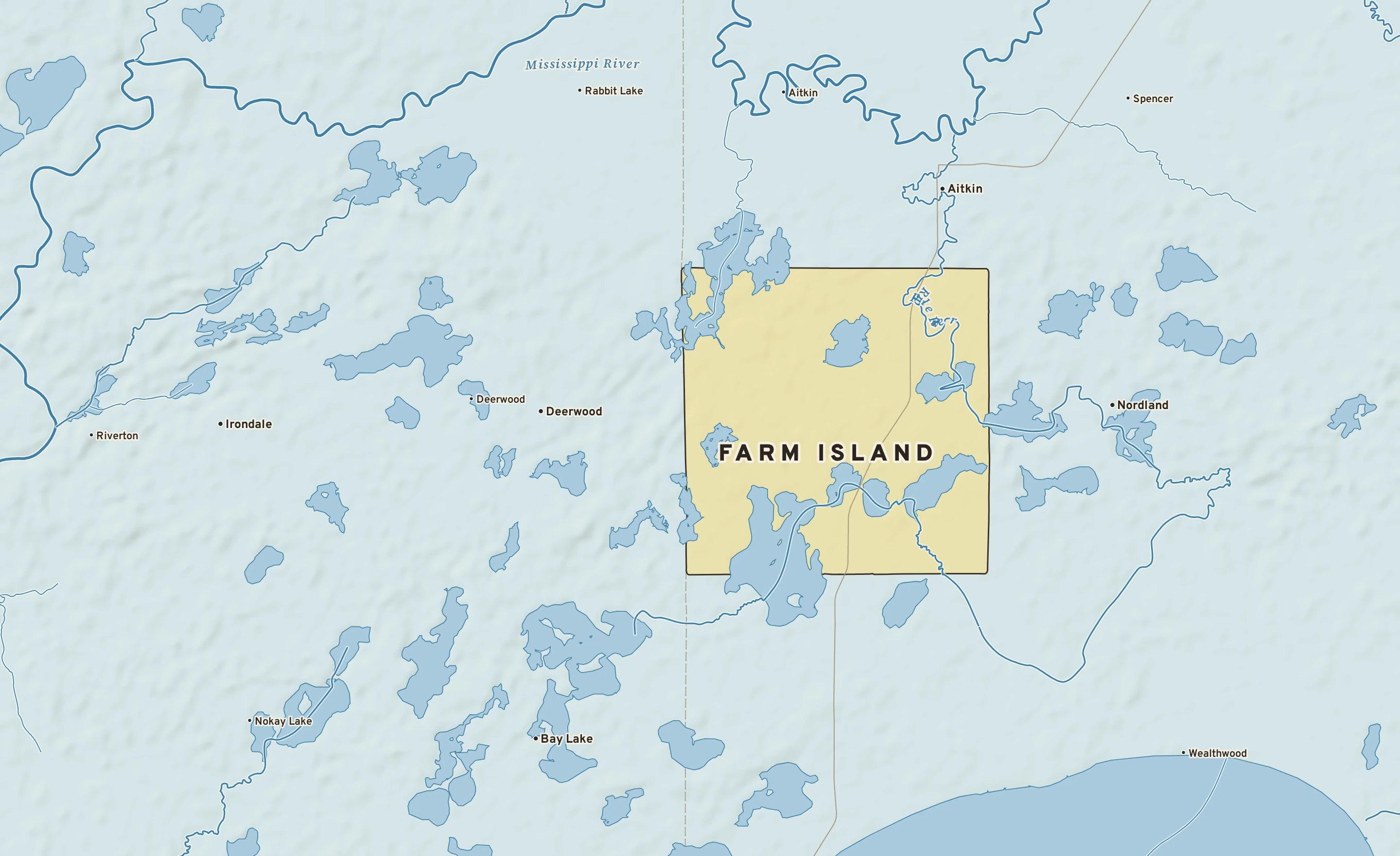 Shaded-relief atlas plate of Farm Island, Minnesota: rivers, roads, the city limits and where the water drains.