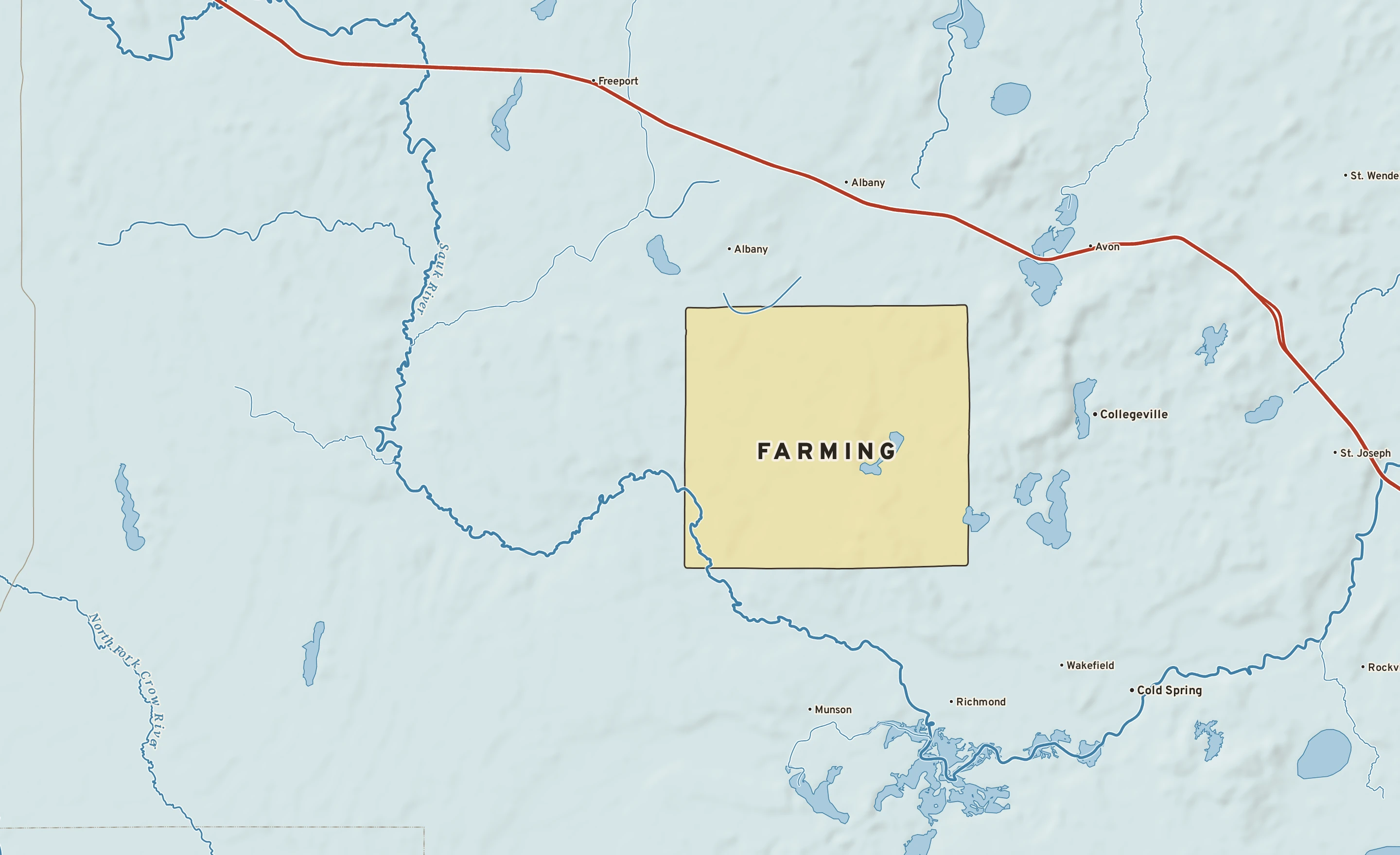 Shaded-relief atlas plate of Farming, Minnesota: rivers, roads, the city limits and where the water drains.