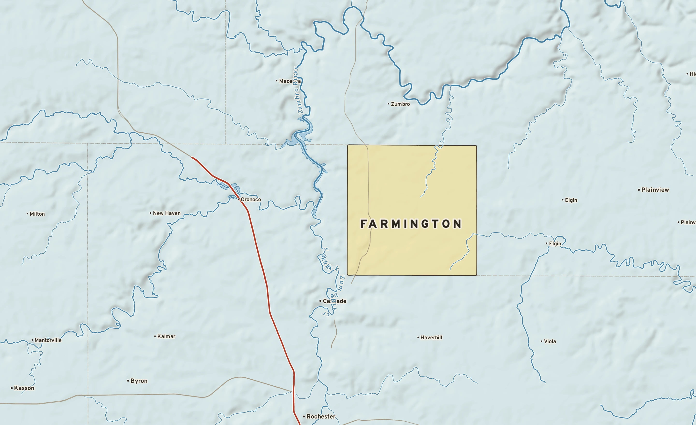 Shaded-relief atlas plate of Farmington, Minnesota: rivers, roads, the city limits and where the water drains.