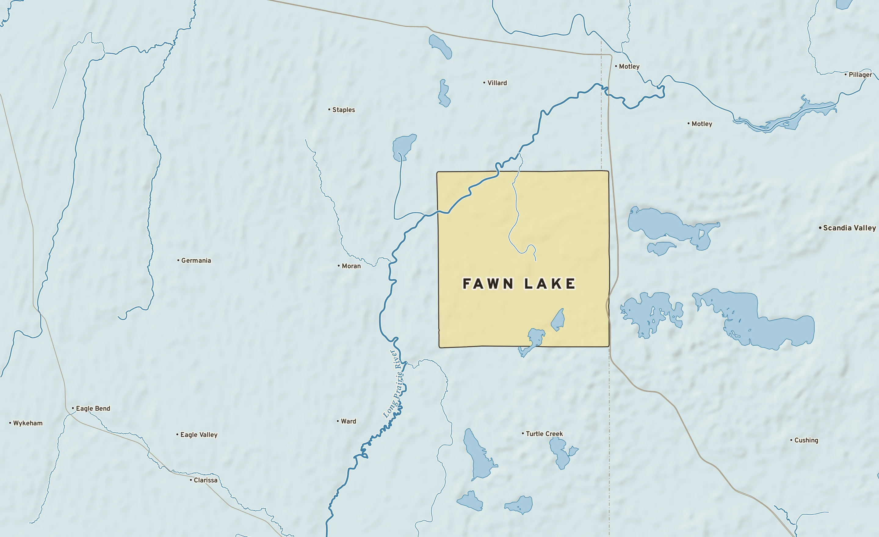 Shaded-relief atlas plate of Fawn Lake, Minnesota: rivers, roads, the city limits and where the water drains.