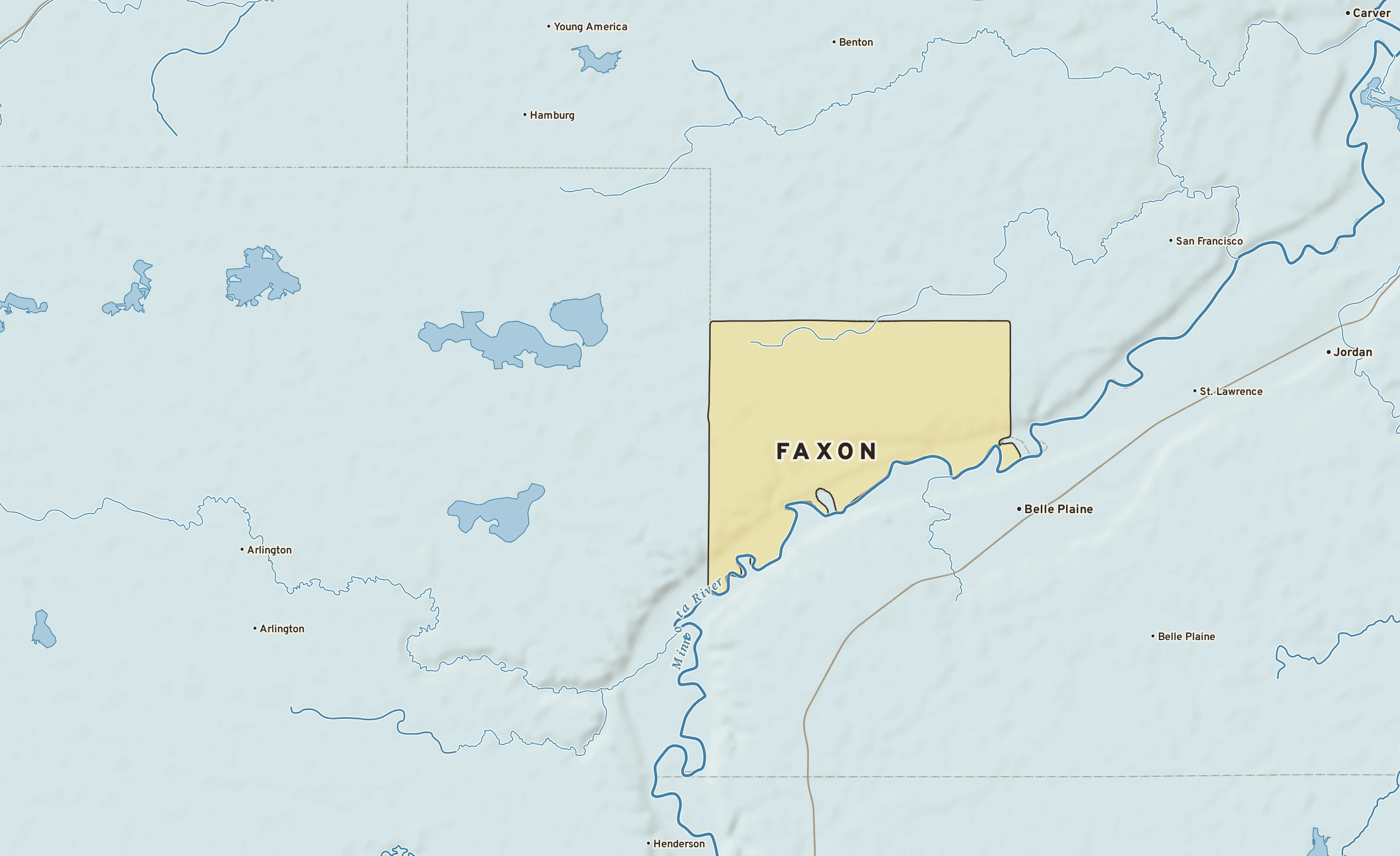 Shaded-relief atlas plate of Faxon, Minnesota: rivers, roads, the city limits and where the water drains.