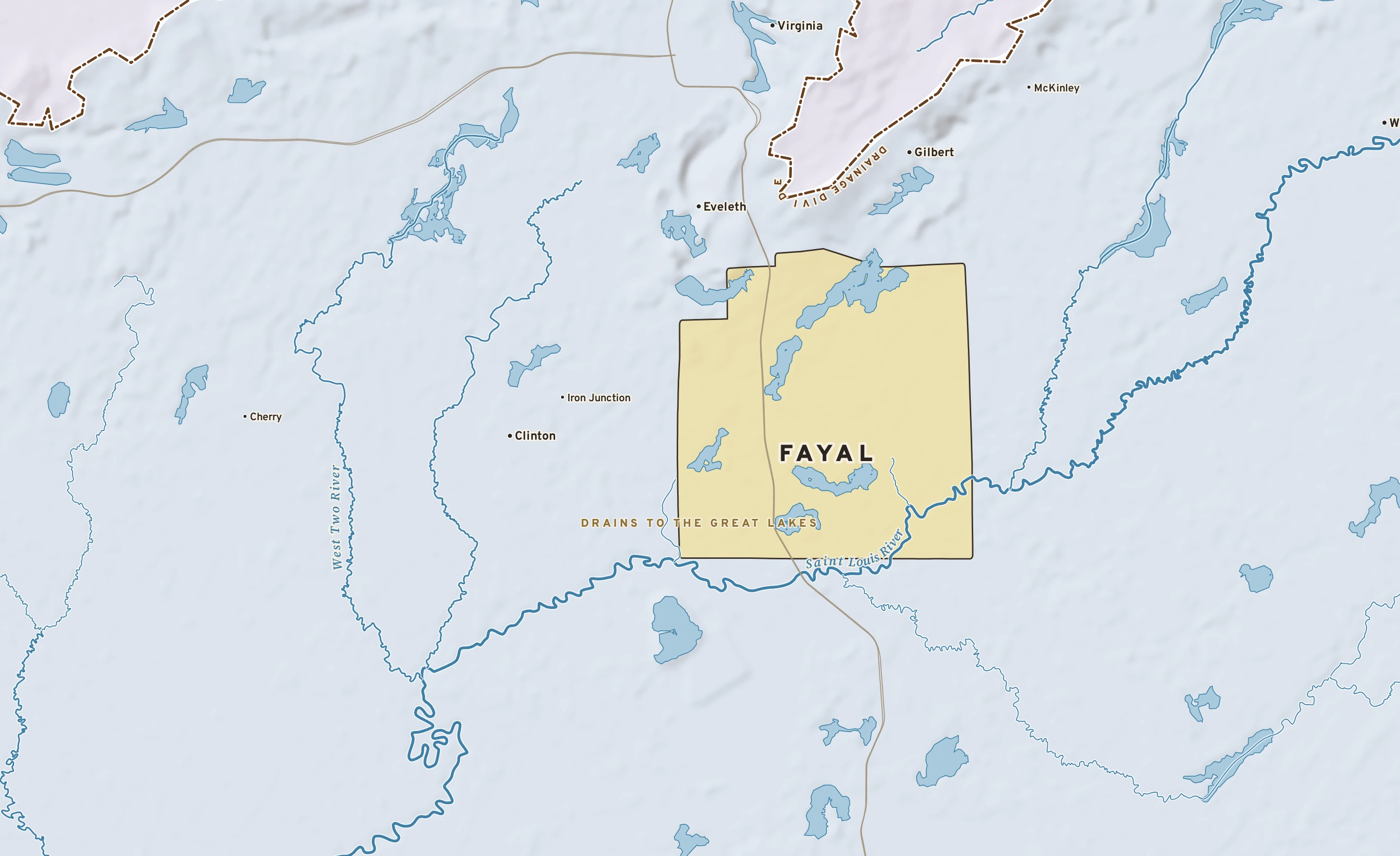 Shaded-relief atlas plate of Fayal, Minnesota: rivers, roads, the city limits and where the water drains.