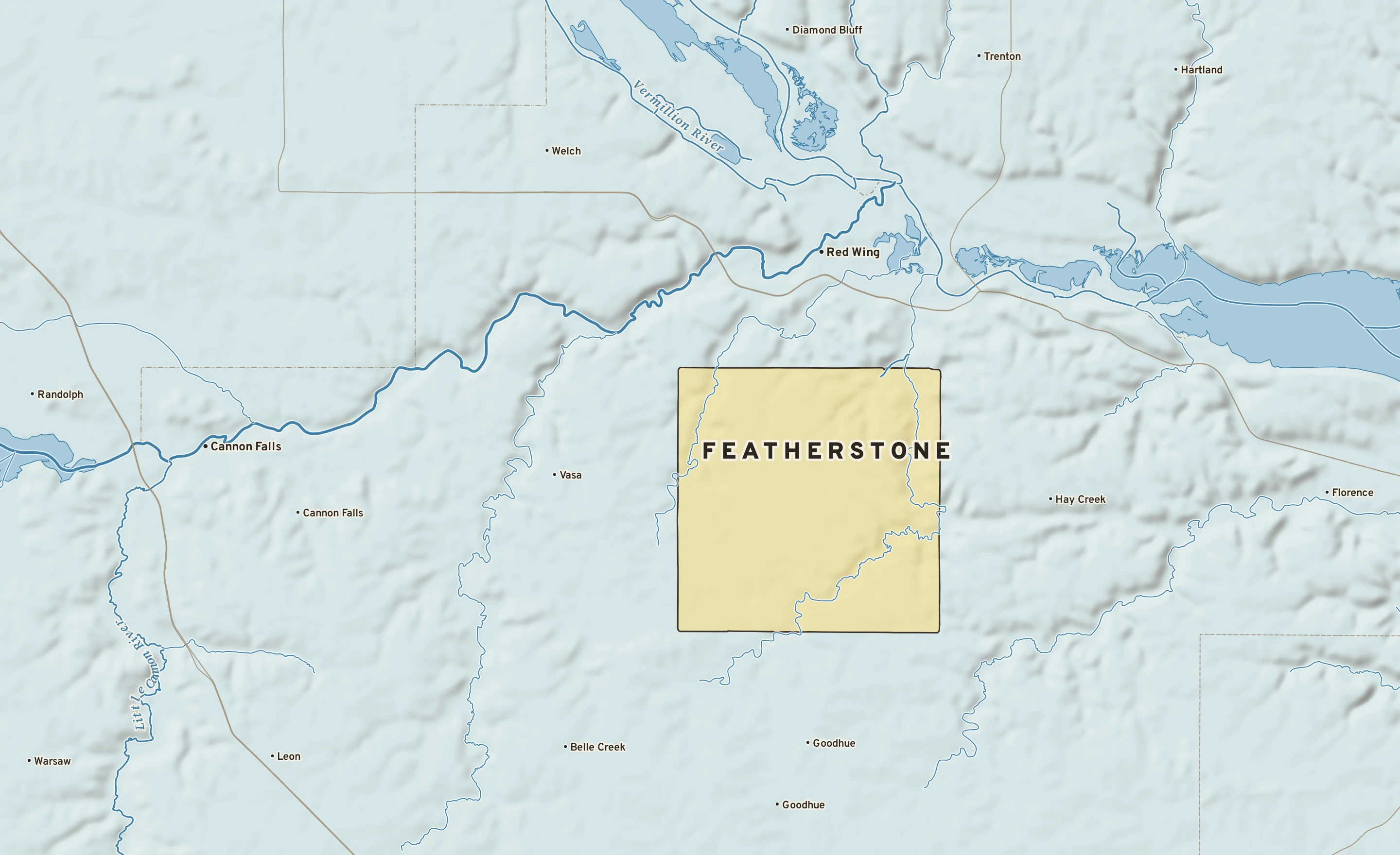Shaded-relief atlas plate of Featherstone, Minnesota: rivers, roads, the city limits and where the water drains.