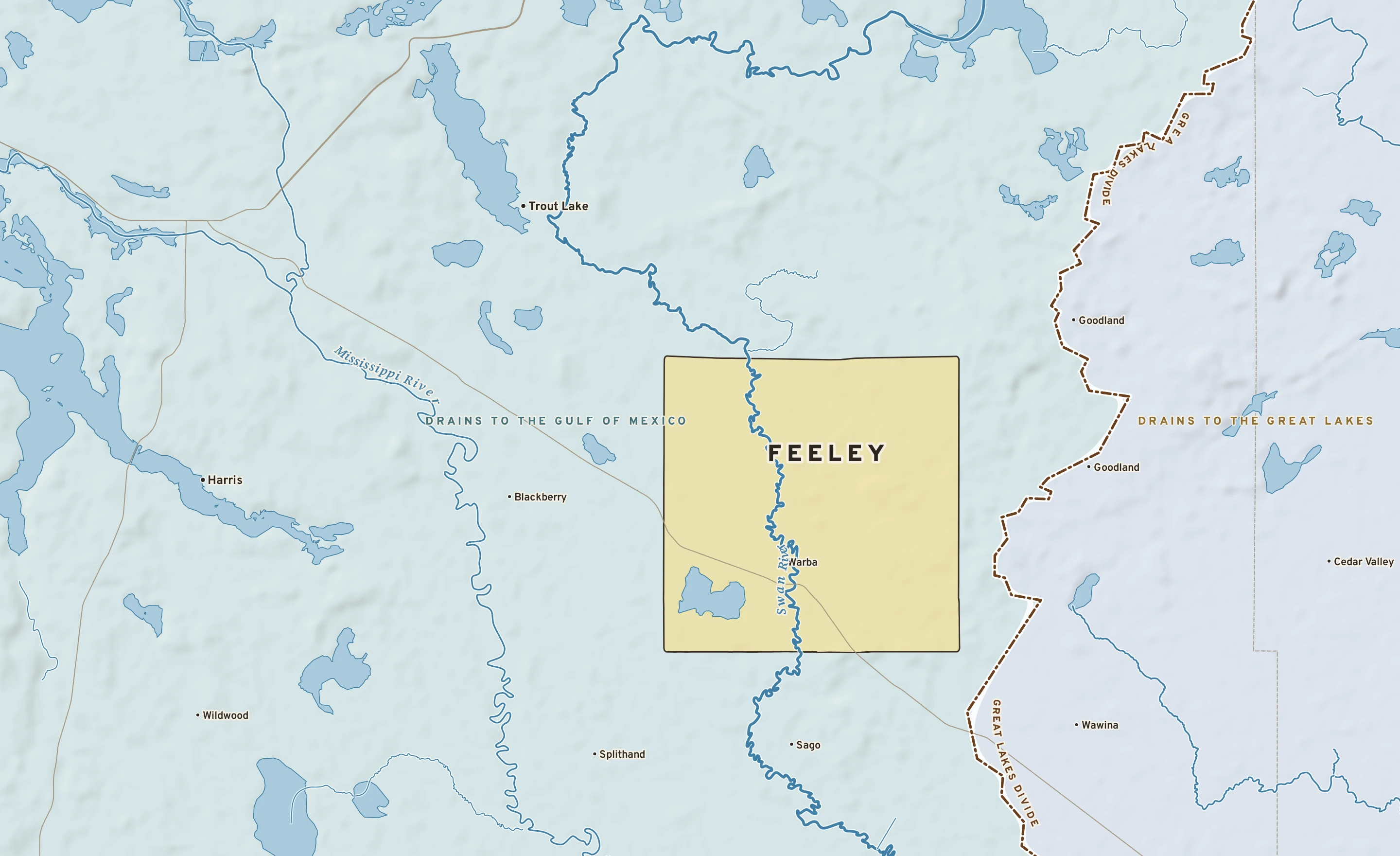 Shaded-relief atlas plate of Feeley, Minnesota: rivers, roads, the city limits and where the water drains.