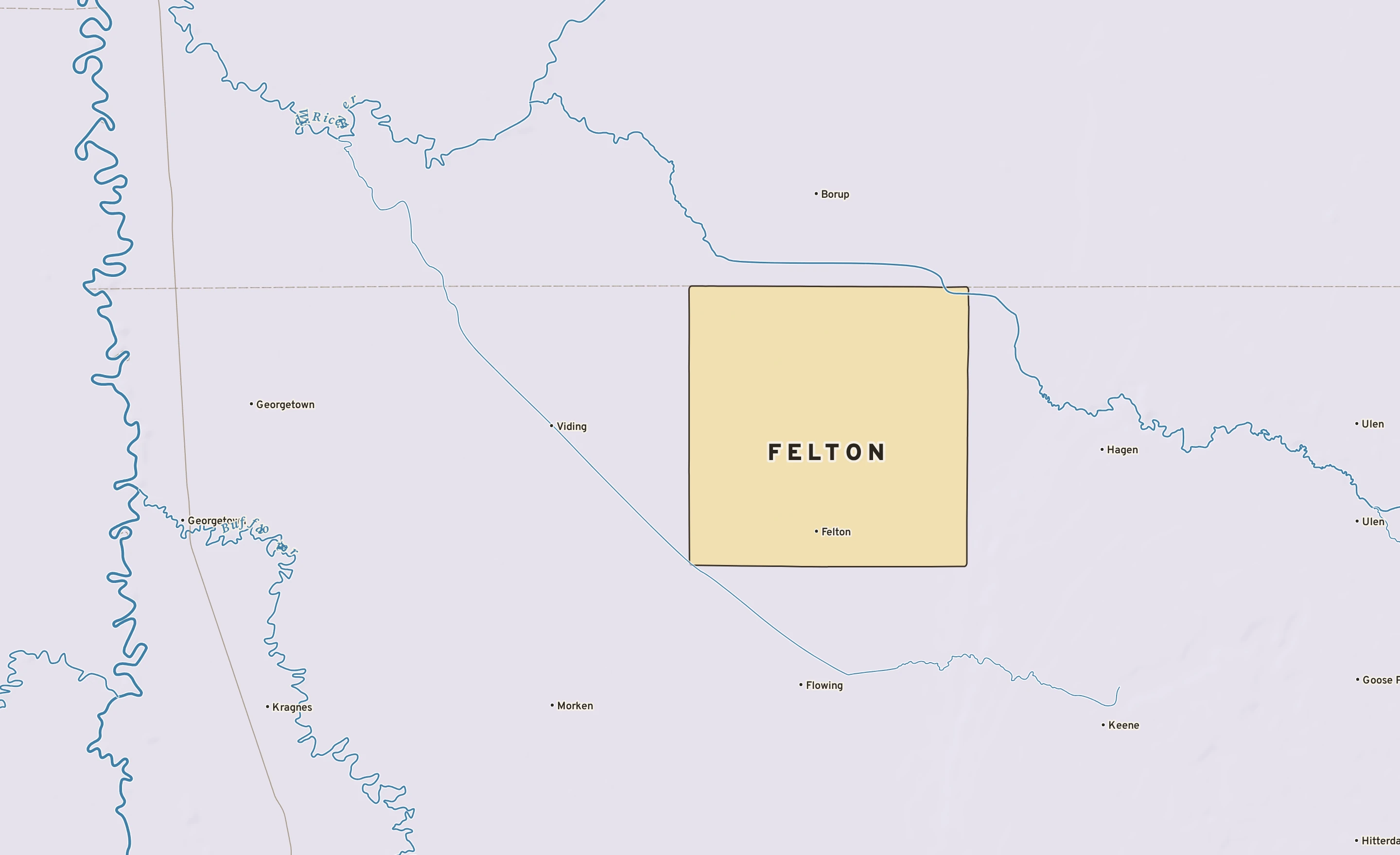 Shaded-relief atlas plate of Felton, Minnesota: rivers, roads, the city limits and where the water drains.