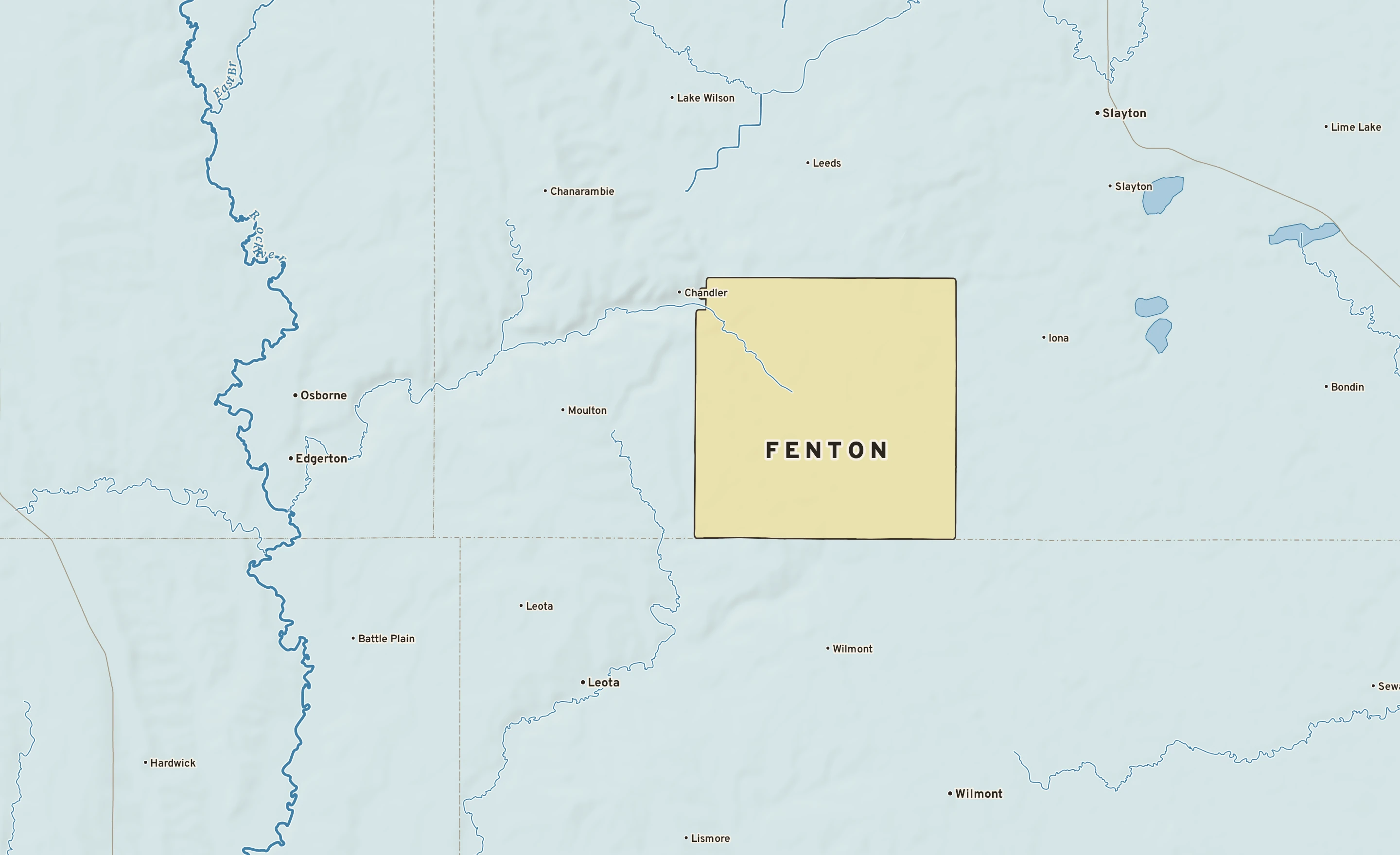 Shaded-relief atlas plate of Fenton, Minnesota: rivers, roads, the city limits and where the water drains.