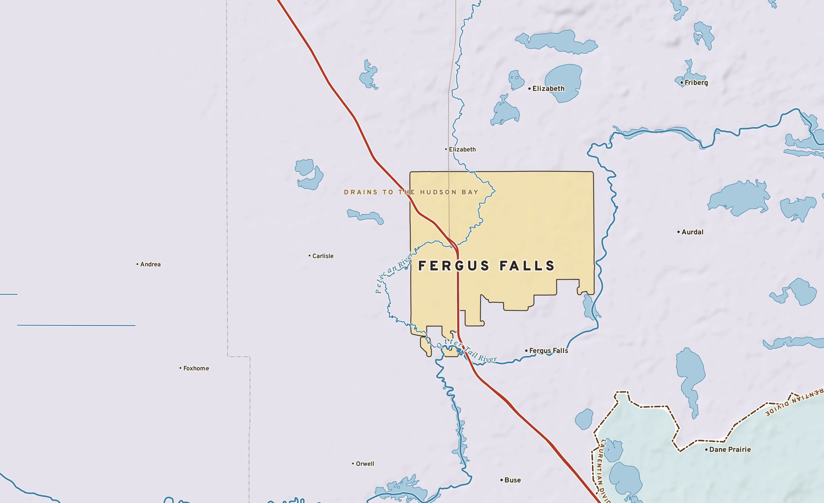 Shaded-relief atlas plate of Fergus Falls, Minnesota: rivers, roads, the city limits and where the water drains.