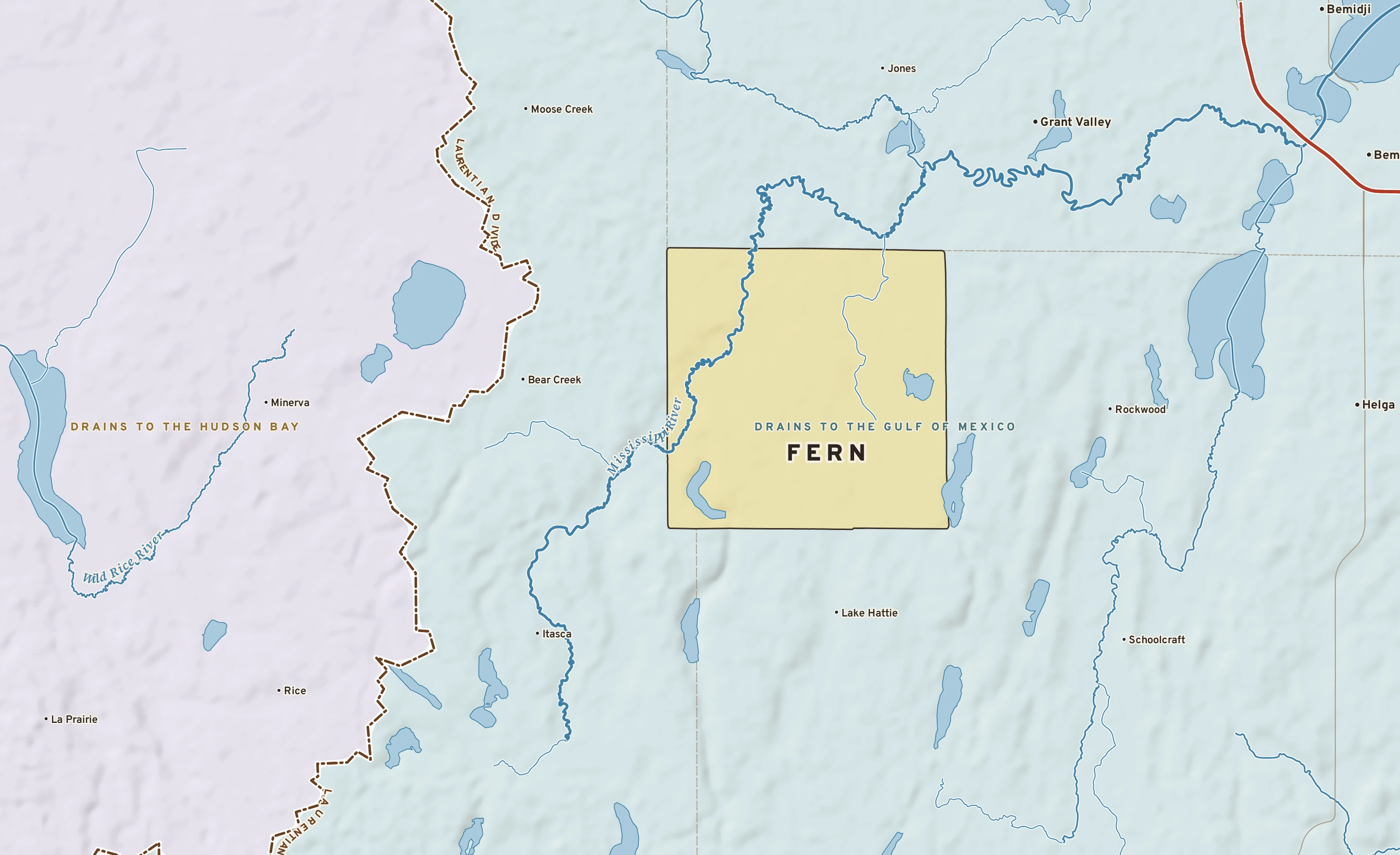 Shaded-relief atlas plate of Fern, Minnesota: rivers, roads, the city limits and where the water drains.
