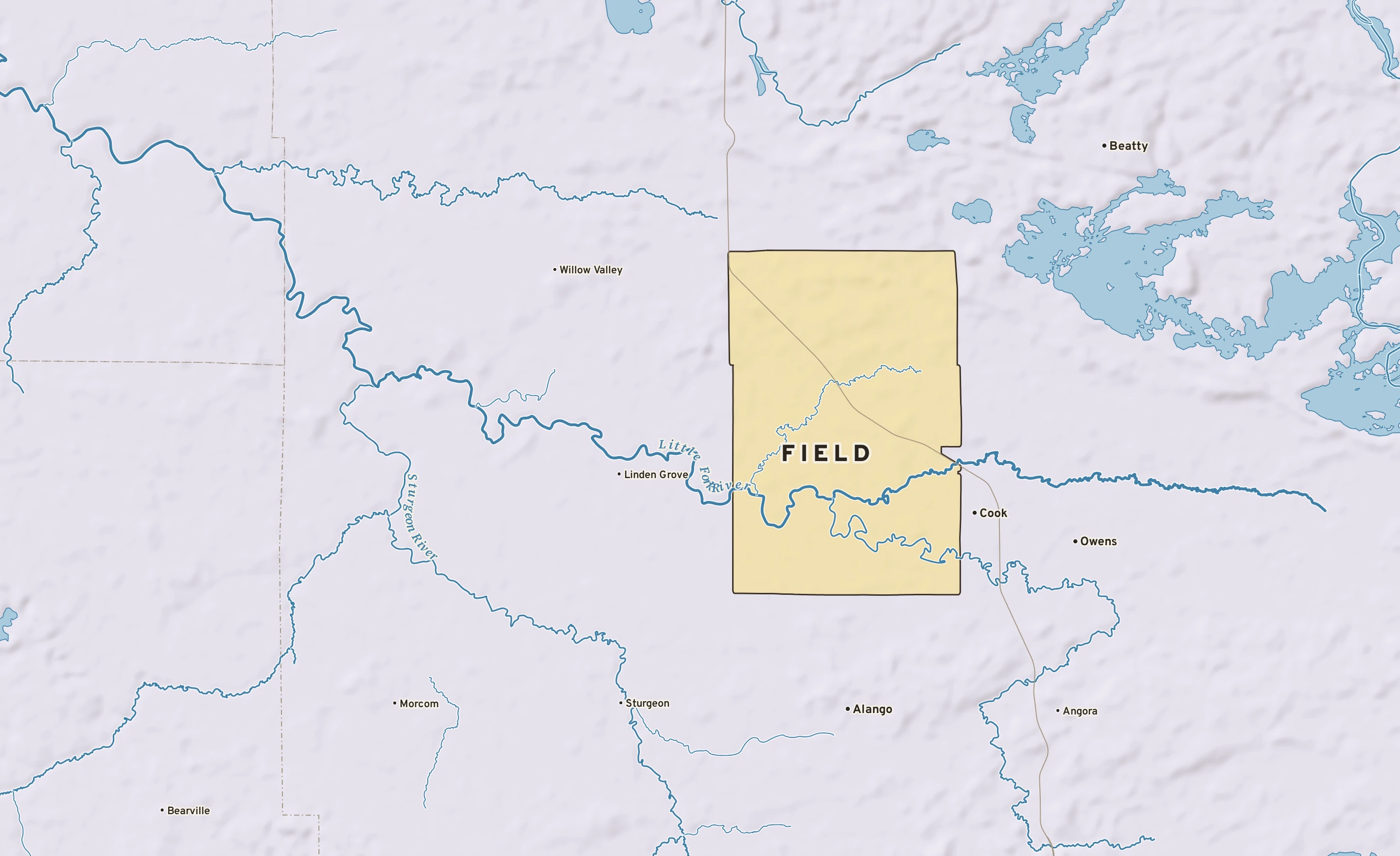 Shaded-relief atlas plate of Field, Minnesota: rivers, roads, the city limits and where the water drains.