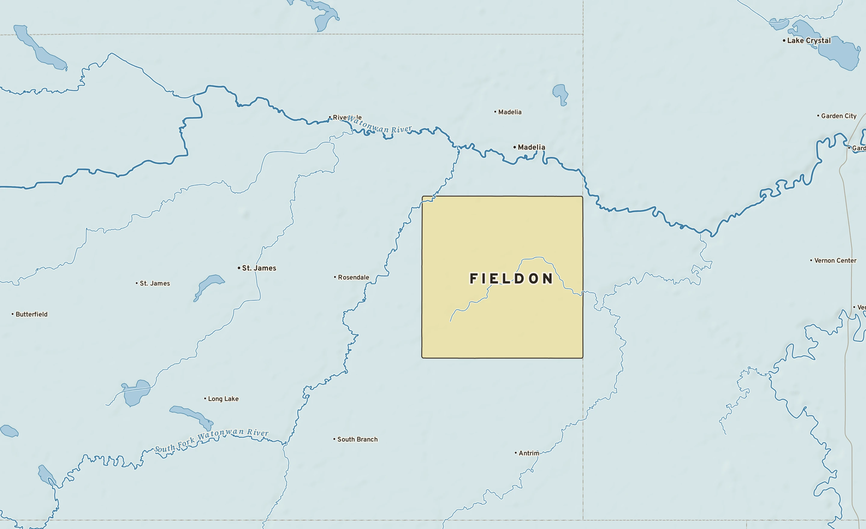 Shaded-relief atlas plate of Fieldon, Minnesota: rivers, roads, the city limits and where the water drains.