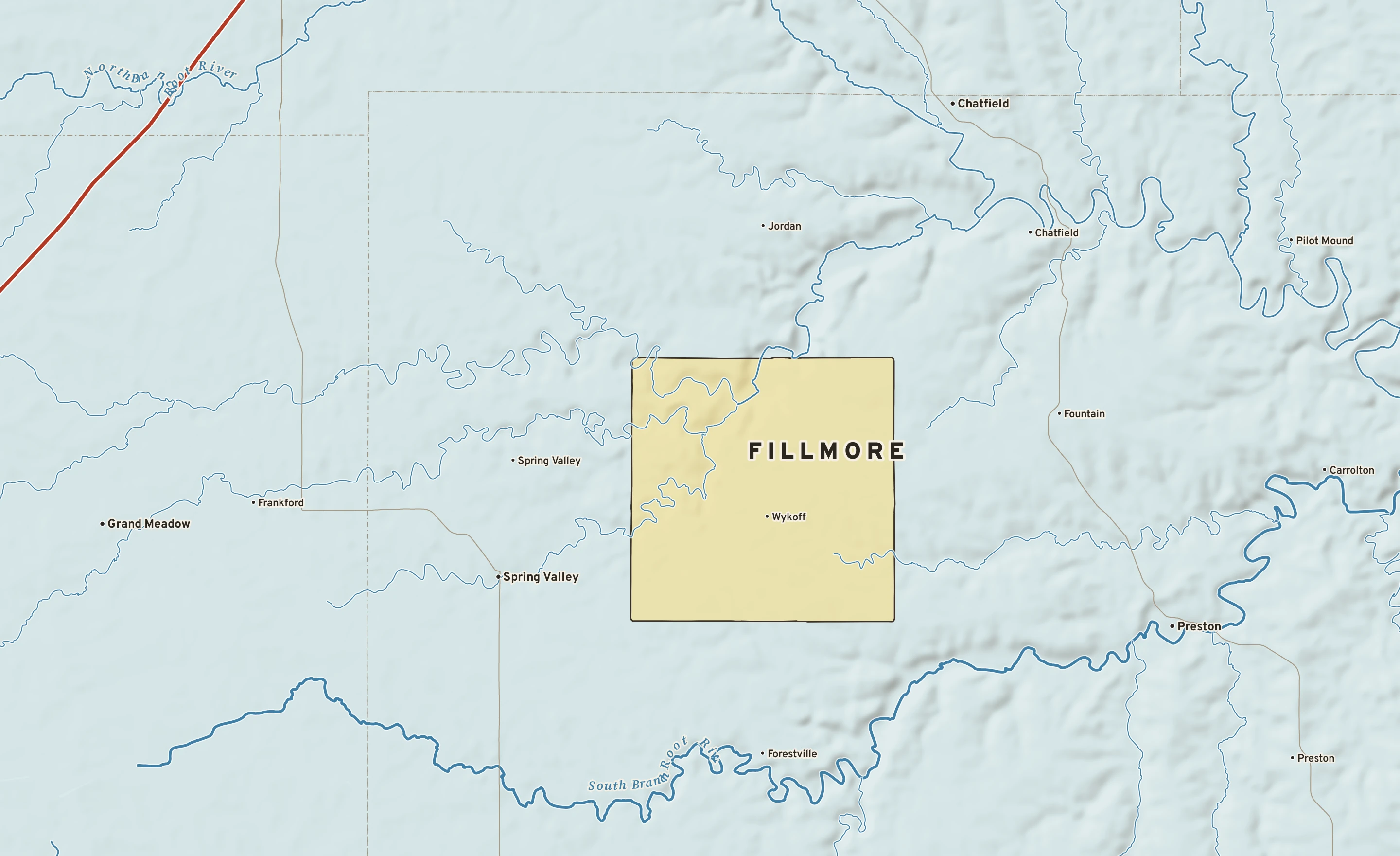 Shaded-relief atlas plate of Fillmore, Minnesota: rivers, roads, the city limits and where the water drains.