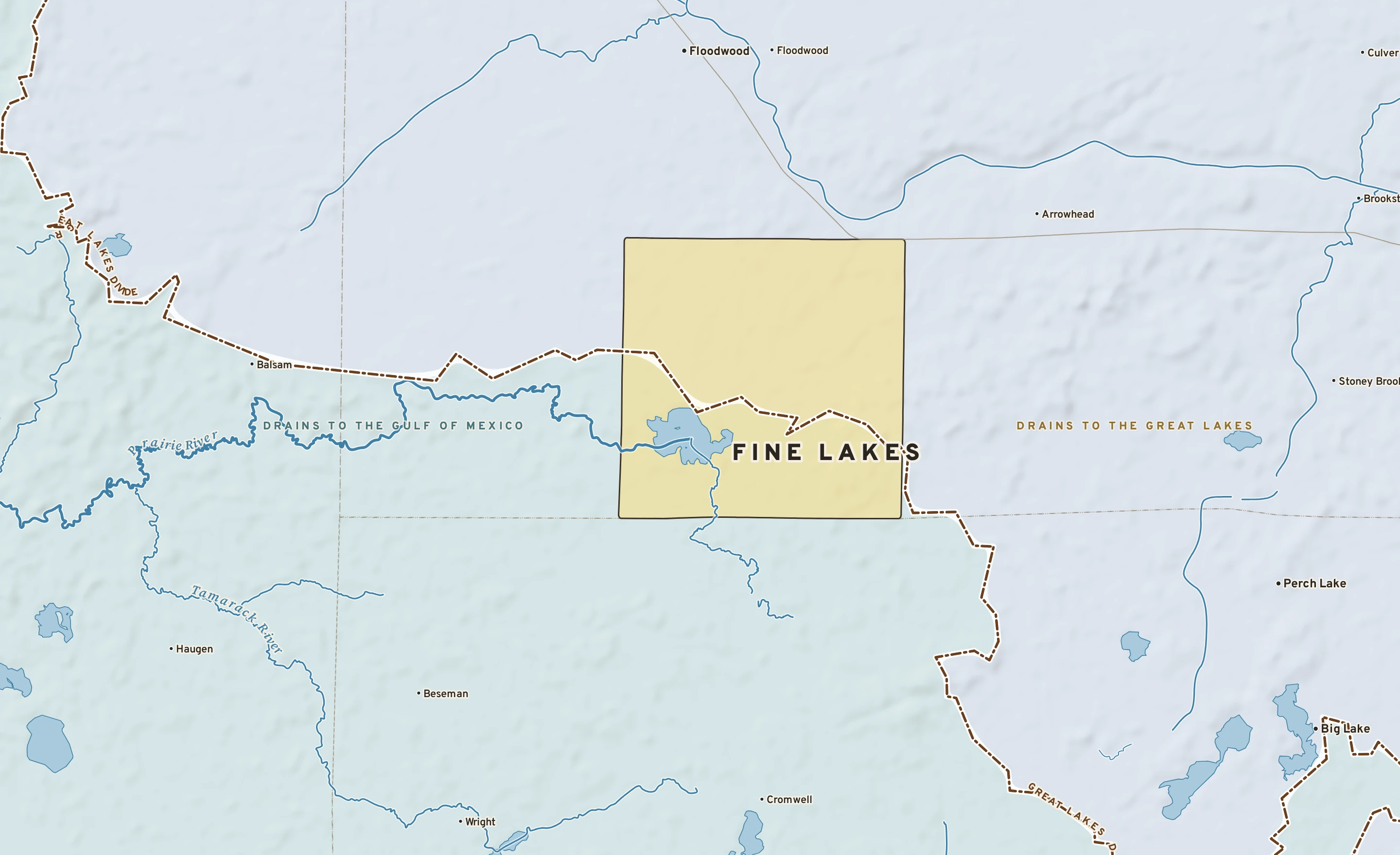 Shaded-relief atlas plate of Fine Lakes, Minnesota: rivers, roads, the city limits and where the water drains.
