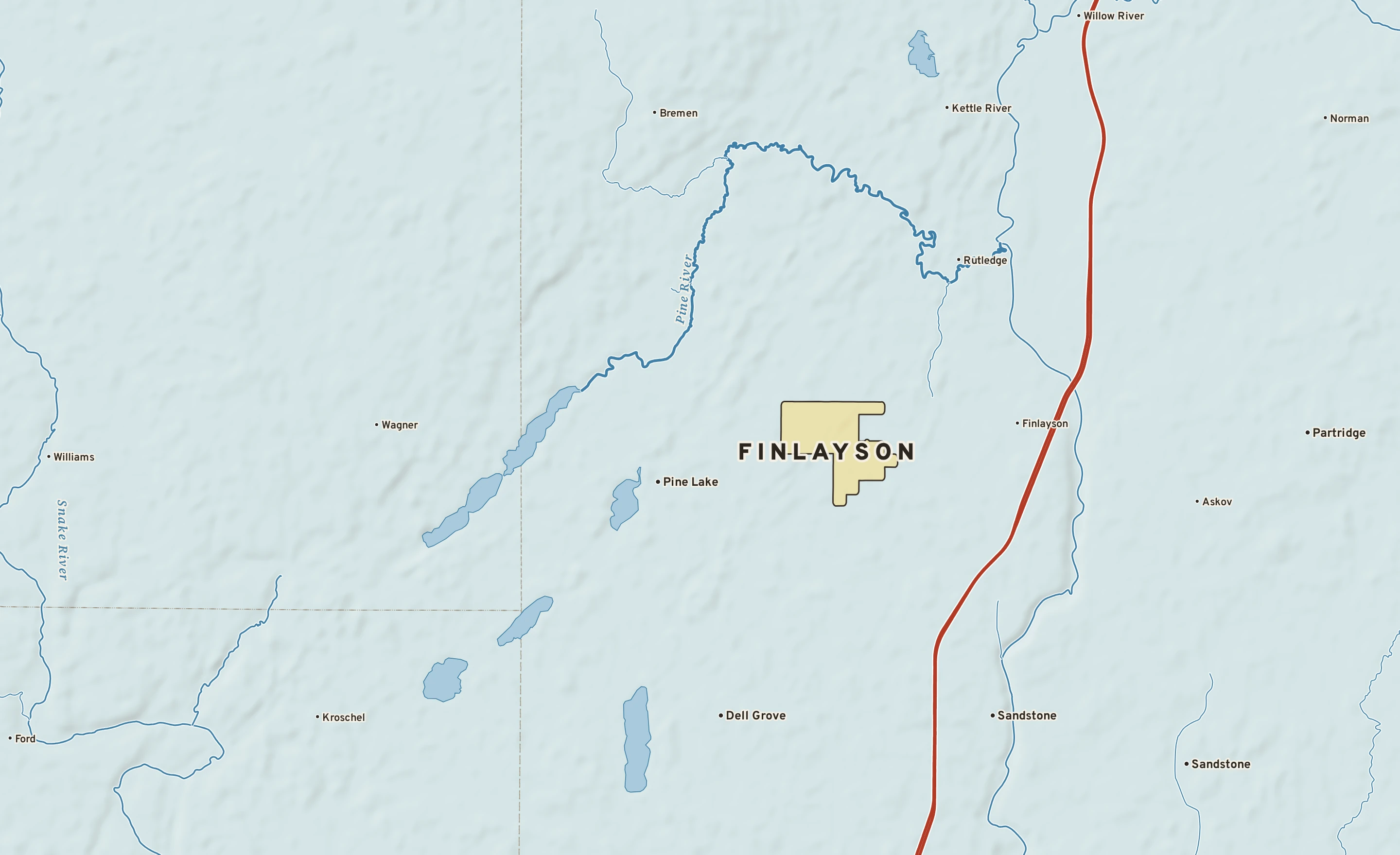 Shaded-relief atlas plate of Finlayson, Minnesota: rivers, roads, the city limits and where the water drains.