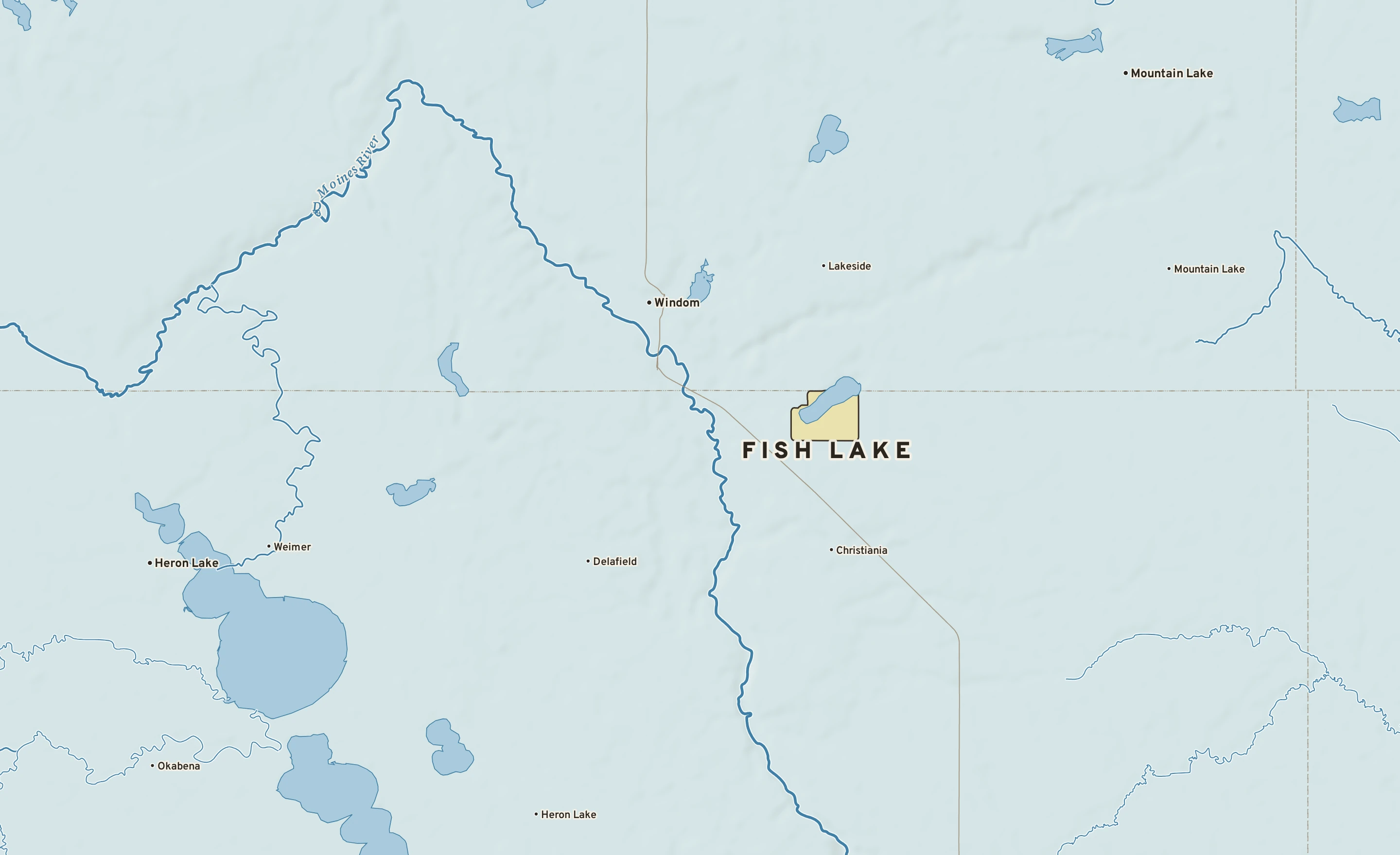Shaded-relief atlas plate of Fish Lake, Minnesota: rivers, roads, the city limits and where the water drains.
