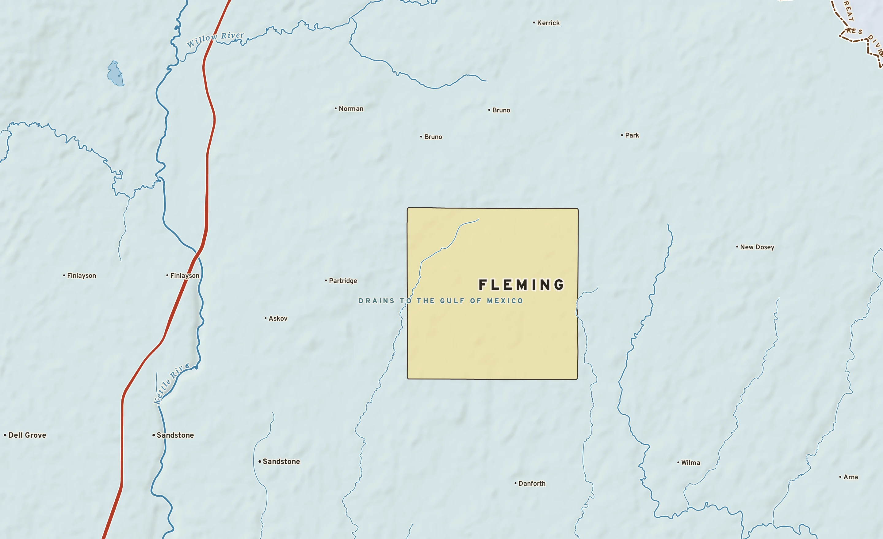 Shaded-relief atlas plate of Fleming, Minnesota: rivers, roads, the city limits and where the water drains.