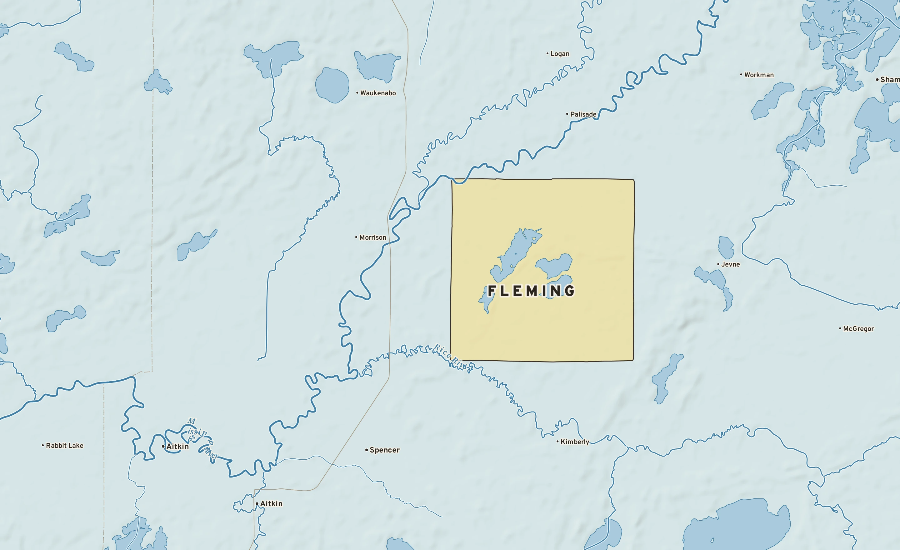 Shaded-relief atlas plate of Fleming, Minnesota: rivers, roads, the city limits and where the water drains.