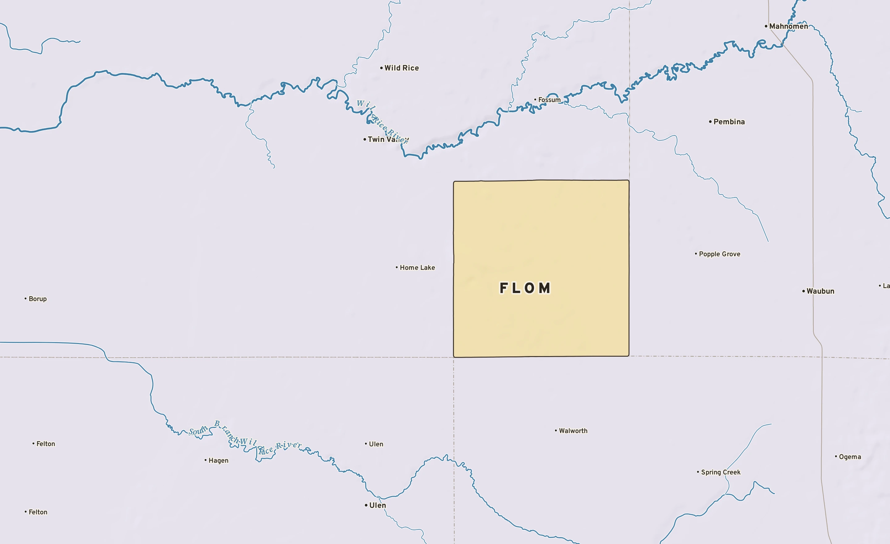 Shaded-relief atlas plate of Flom, Minnesota: rivers, roads, the city limits and where the water drains.