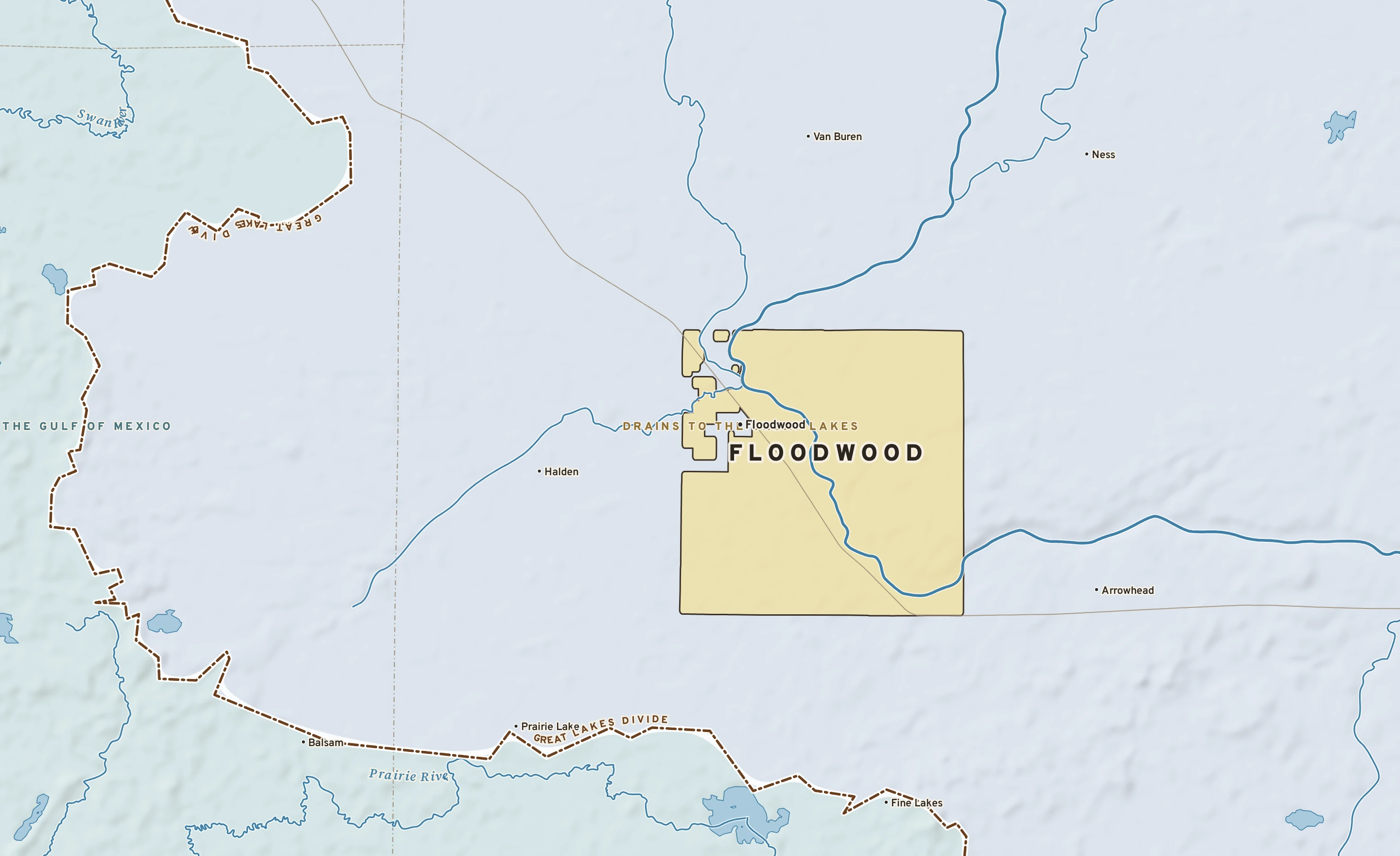 Shaded-relief atlas plate of Floodwood, Minnesota: rivers, roads, the city limits and where the water drains.