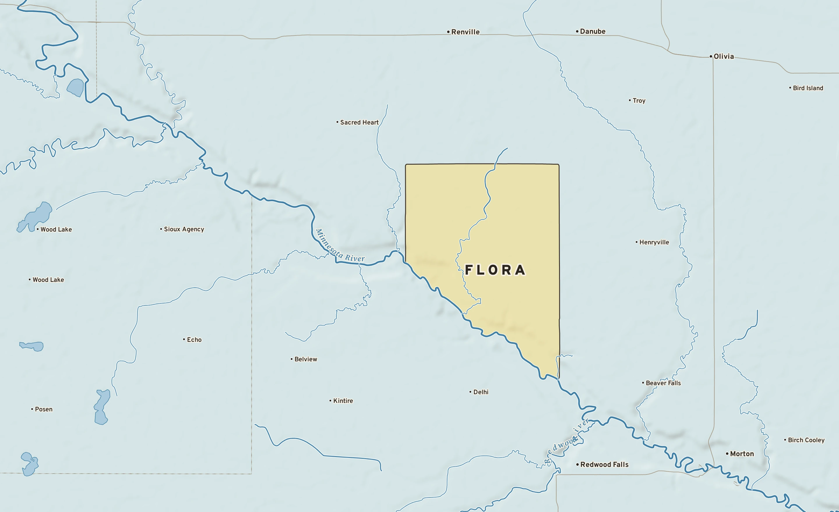 Shaded-relief atlas plate of Flora, Minnesota: rivers, roads, the city limits and where the water drains.
