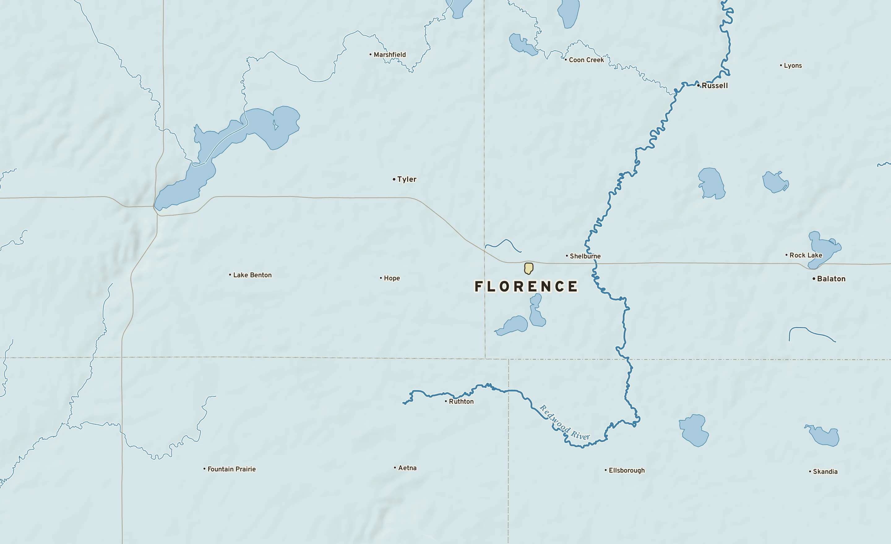 Shaded-relief atlas plate of Florence, Minnesota: rivers, roads, the city limits and where the water drains.