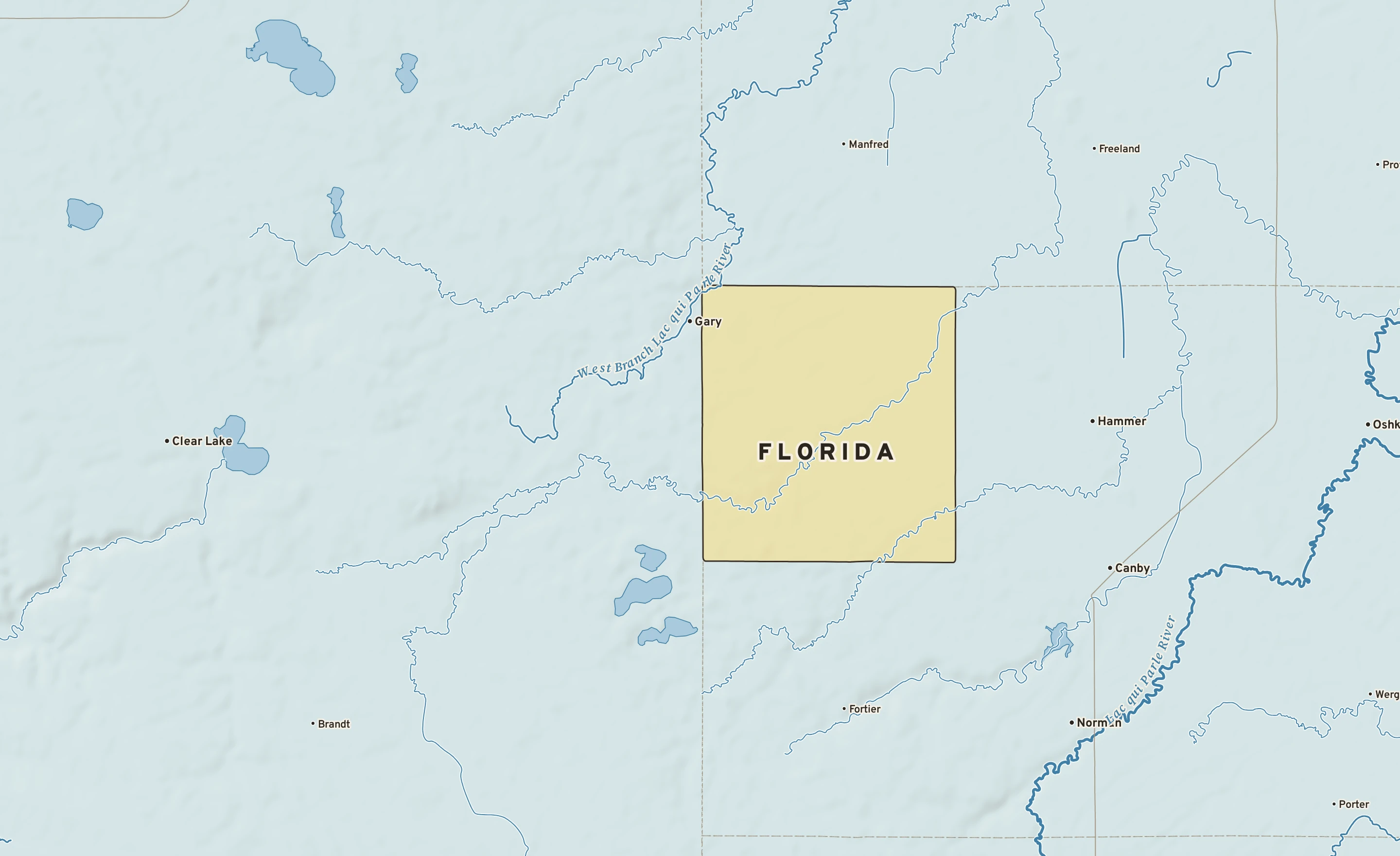 Shaded-relief atlas plate of Florida, Minnesota: rivers, roads, the city limits and where the water drains.