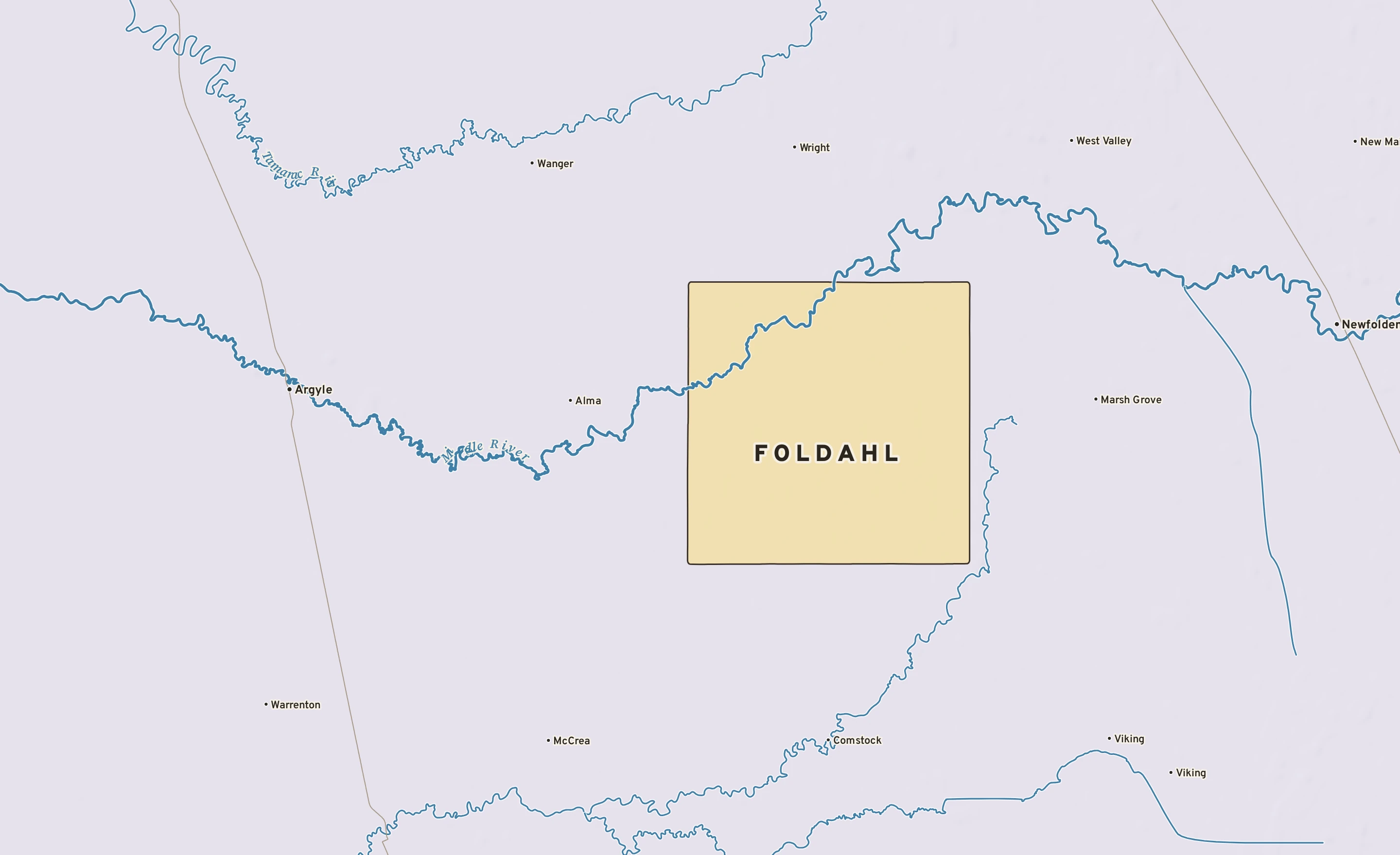 Shaded-relief atlas plate of Foldahl, Minnesota: rivers, roads, the city limits and where the water drains.