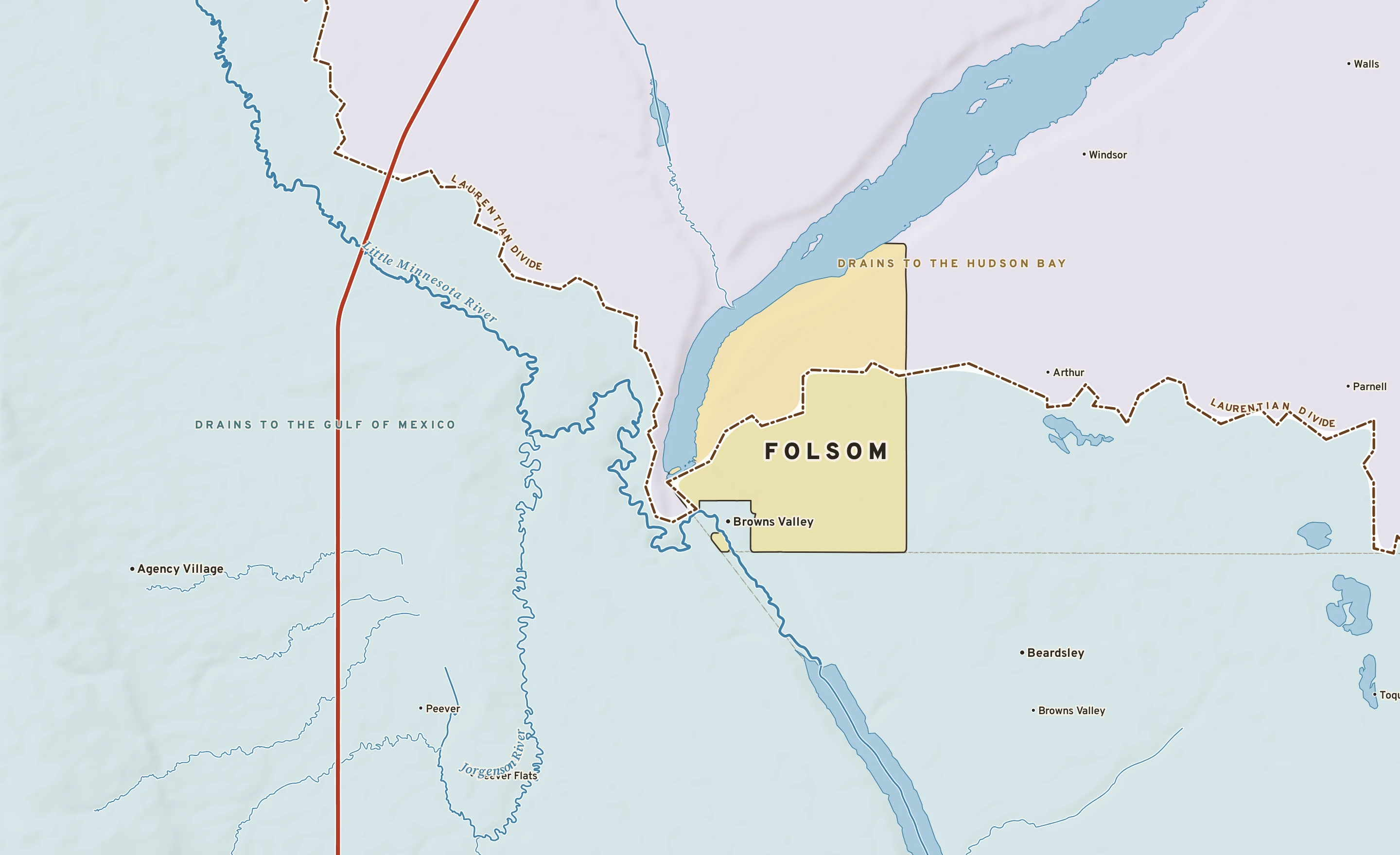 Shaded-relief atlas plate of Folsom, Minnesota: rivers, roads, the city limits and where the water drains.