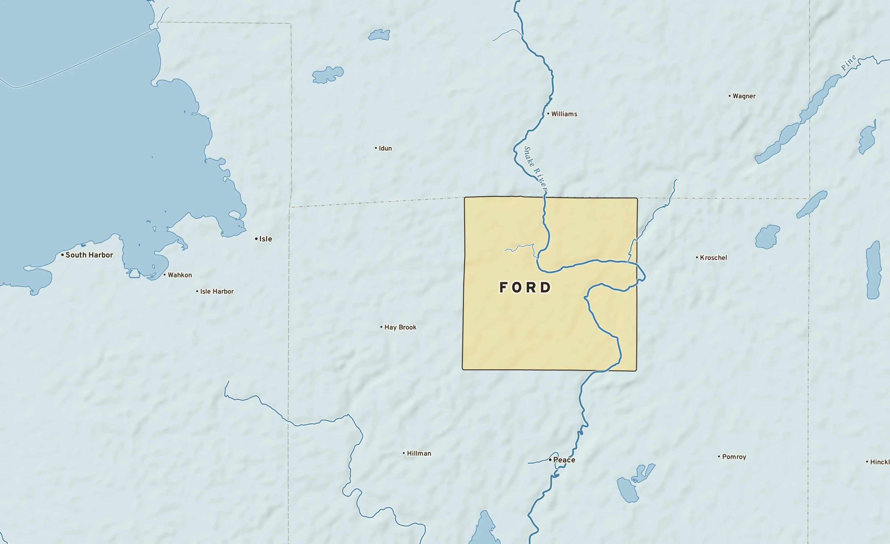 Shaded-relief atlas plate of Ford, Minnesota: rivers, roads, the city limits and where the water drains.