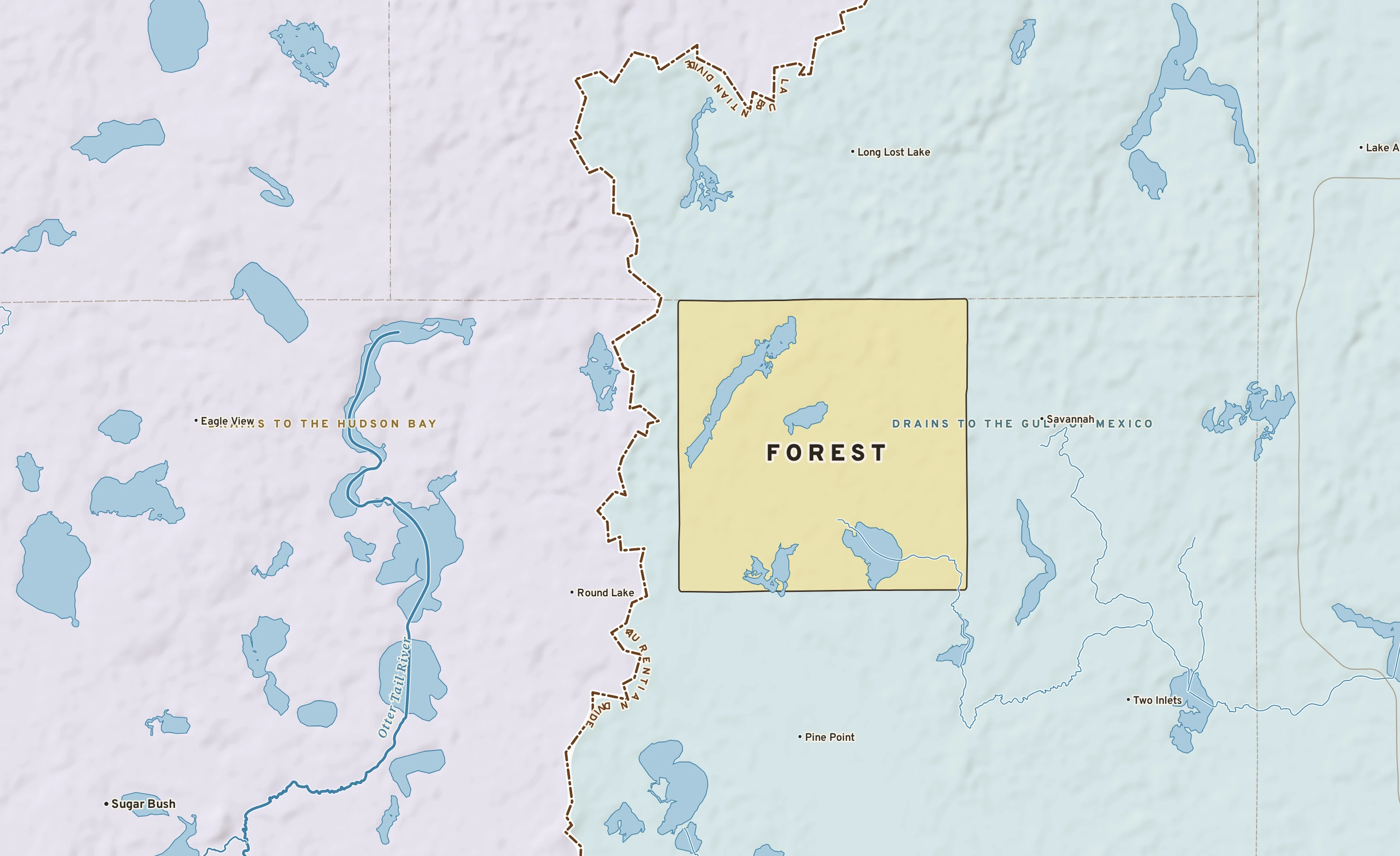 Shaded-relief atlas plate of Forest, Minnesota: rivers, roads, the city limits and where the water drains.