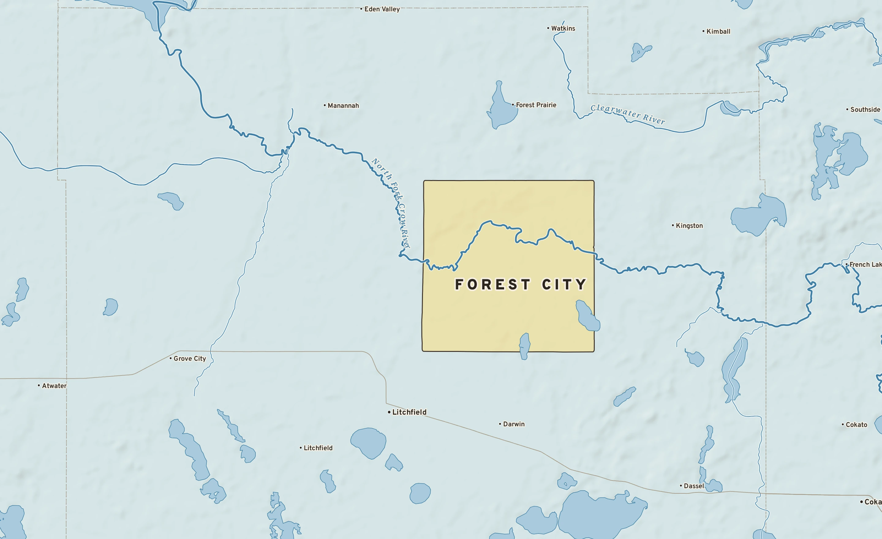 Shaded-relief atlas plate of Forest City, Minnesota: rivers, roads, the city limits and where the water drains.