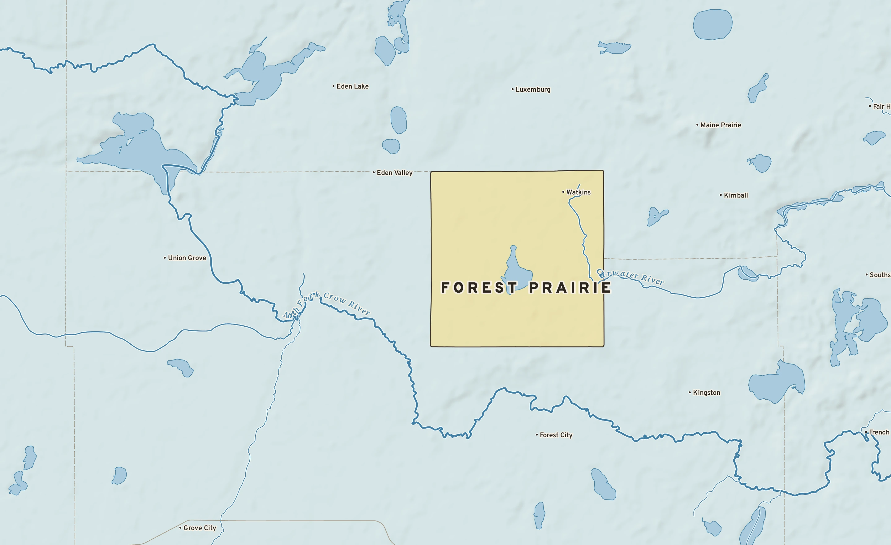 Shaded-relief atlas plate of Forest Prairie, Minnesota: rivers, roads, the city limits and where the water drains.