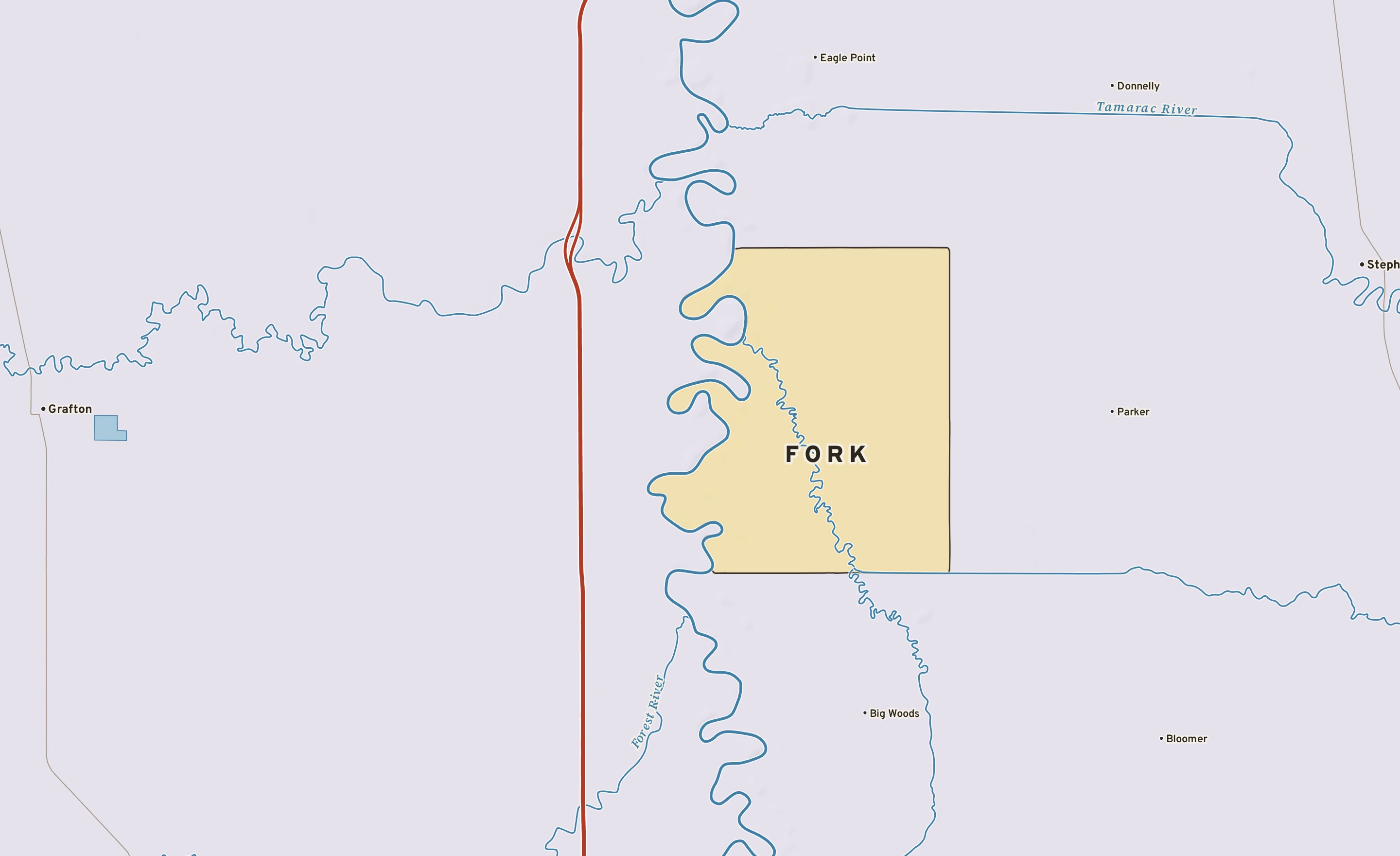 Shaded-relief atlas plate of Fork, Minnesota: rivers, roads, the city limits and where the water drains.