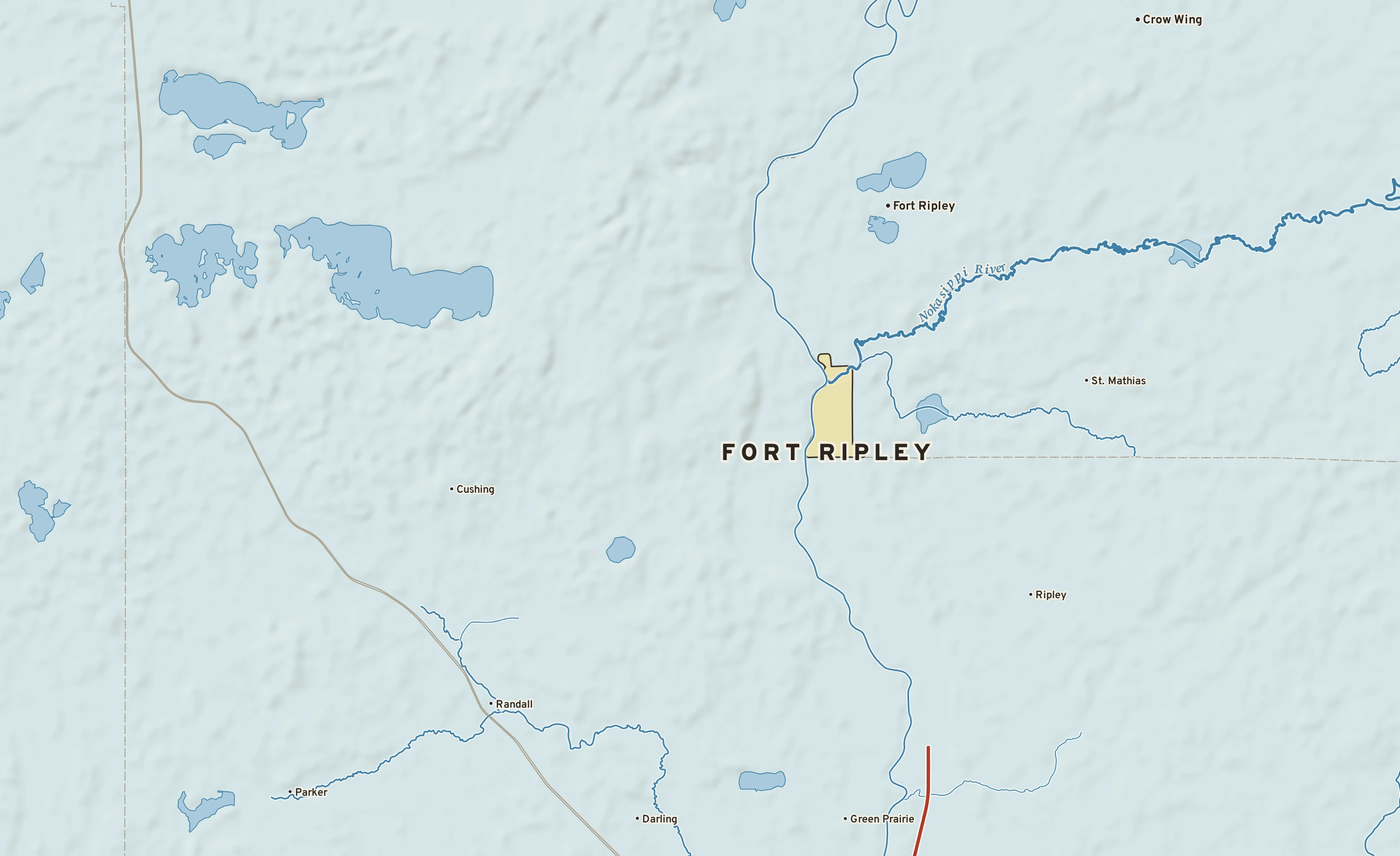 Shaded-relief atlas plate of Fort Ripley, Minnesota: rivers, roads, the city limits and where the water drains.