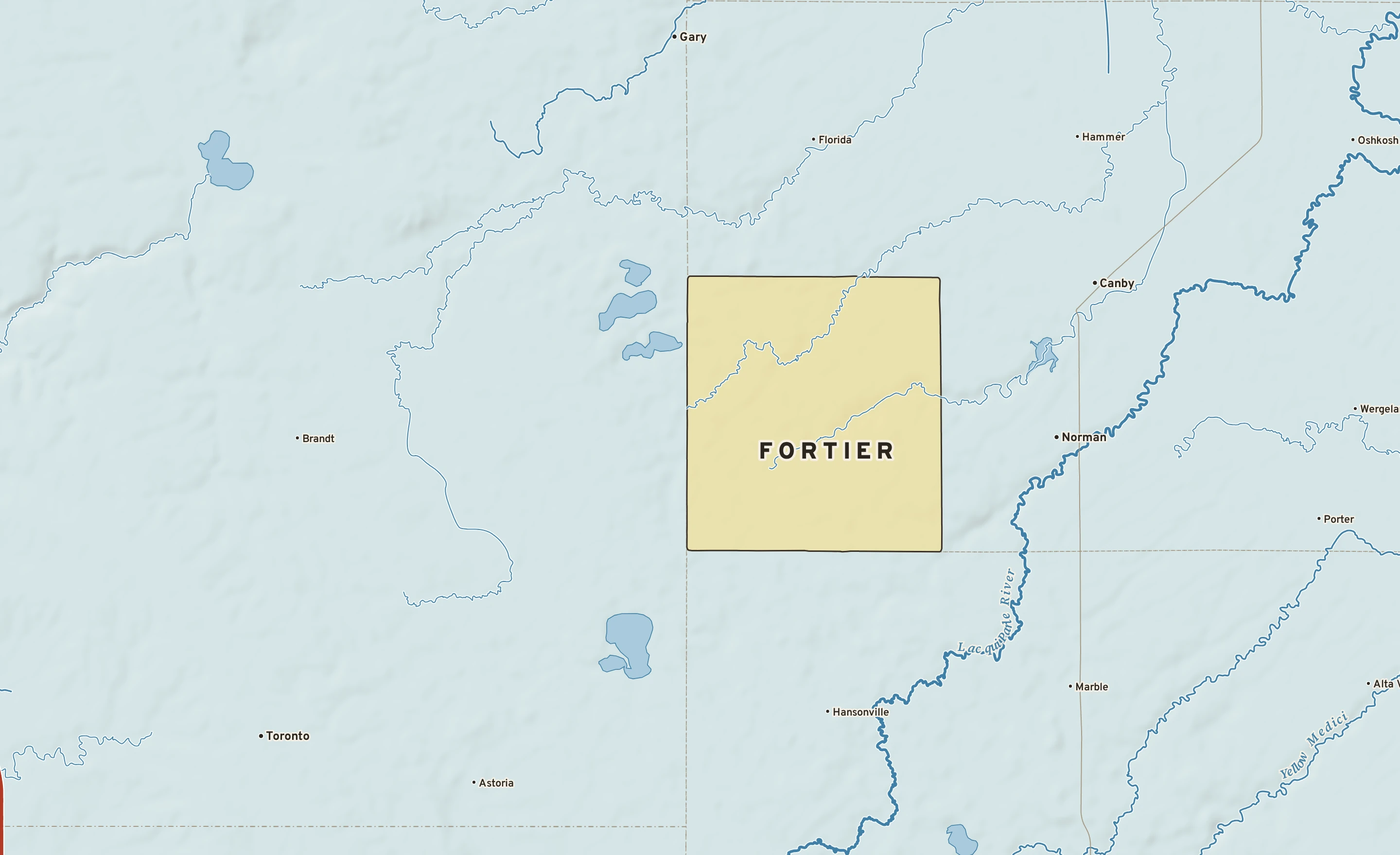Shaded-relief atlas plate of Fortier, Minnesota: rivers, roads, the city limits and where the water drains.