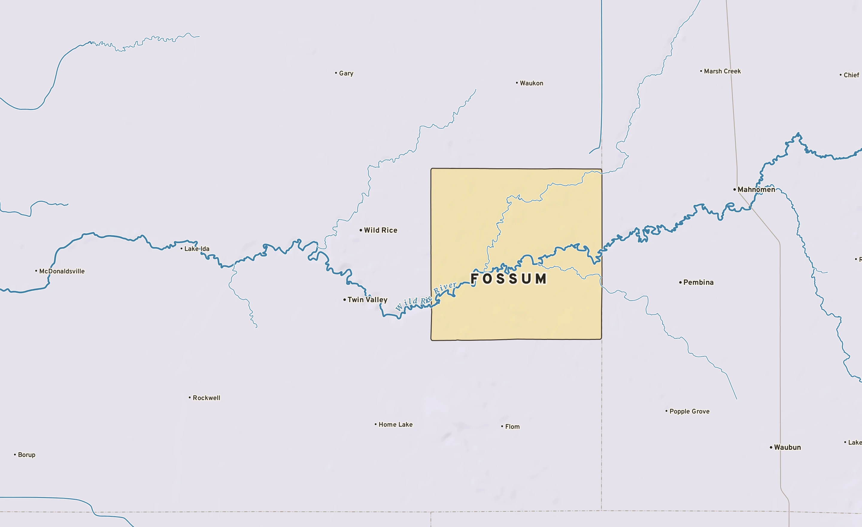 Shaded-relief atlas plate of Fossum, Minnesota: rivers, roads, the city limits and where the water drains.