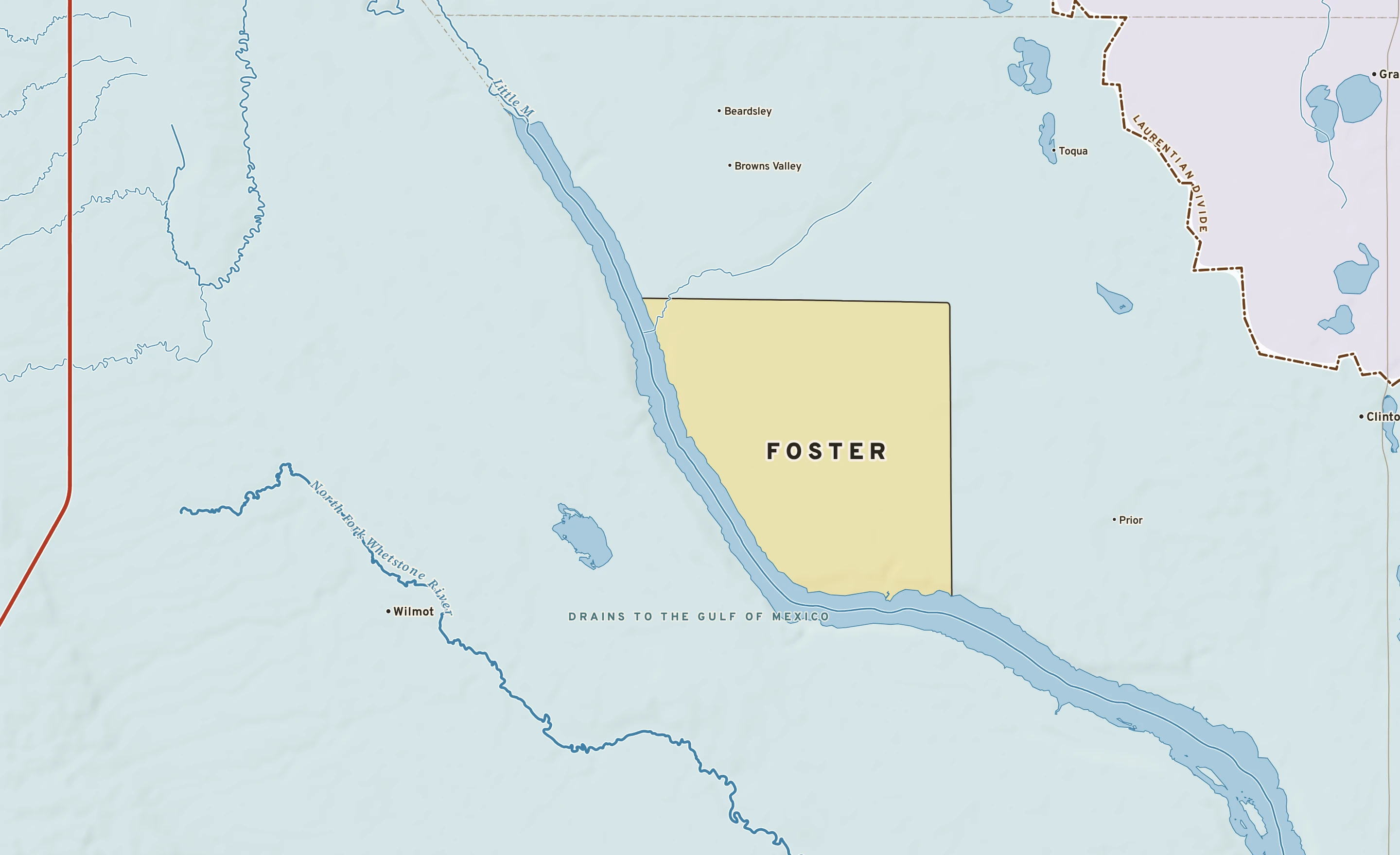 Shaded-relief atlas plate of Foster, Minnesota: rivers, roads, the city limits and where the water drains.