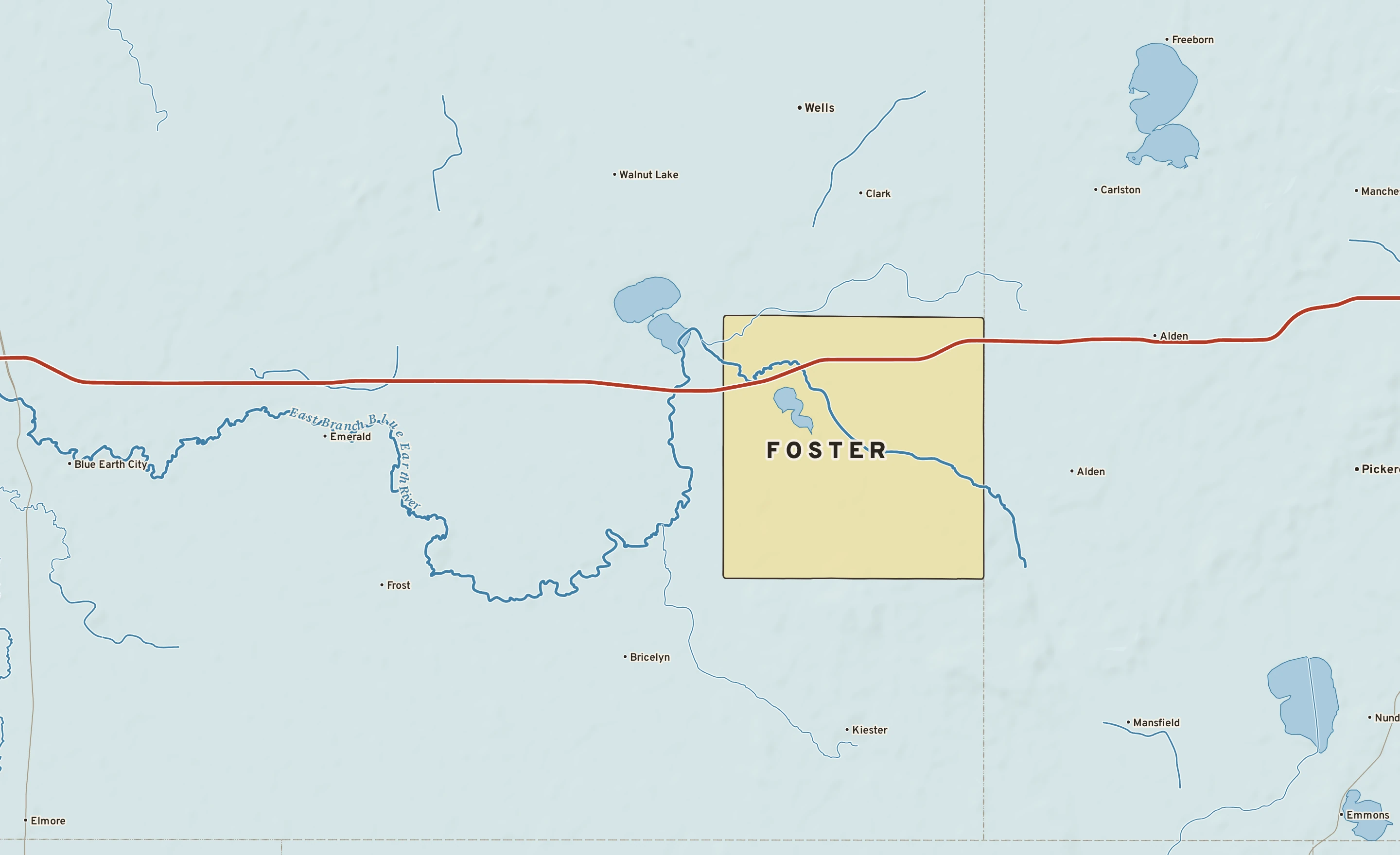 Shaded-relief atlas plate of Foster, Minnesota: rivers, roads, the city limits and where the water drains.