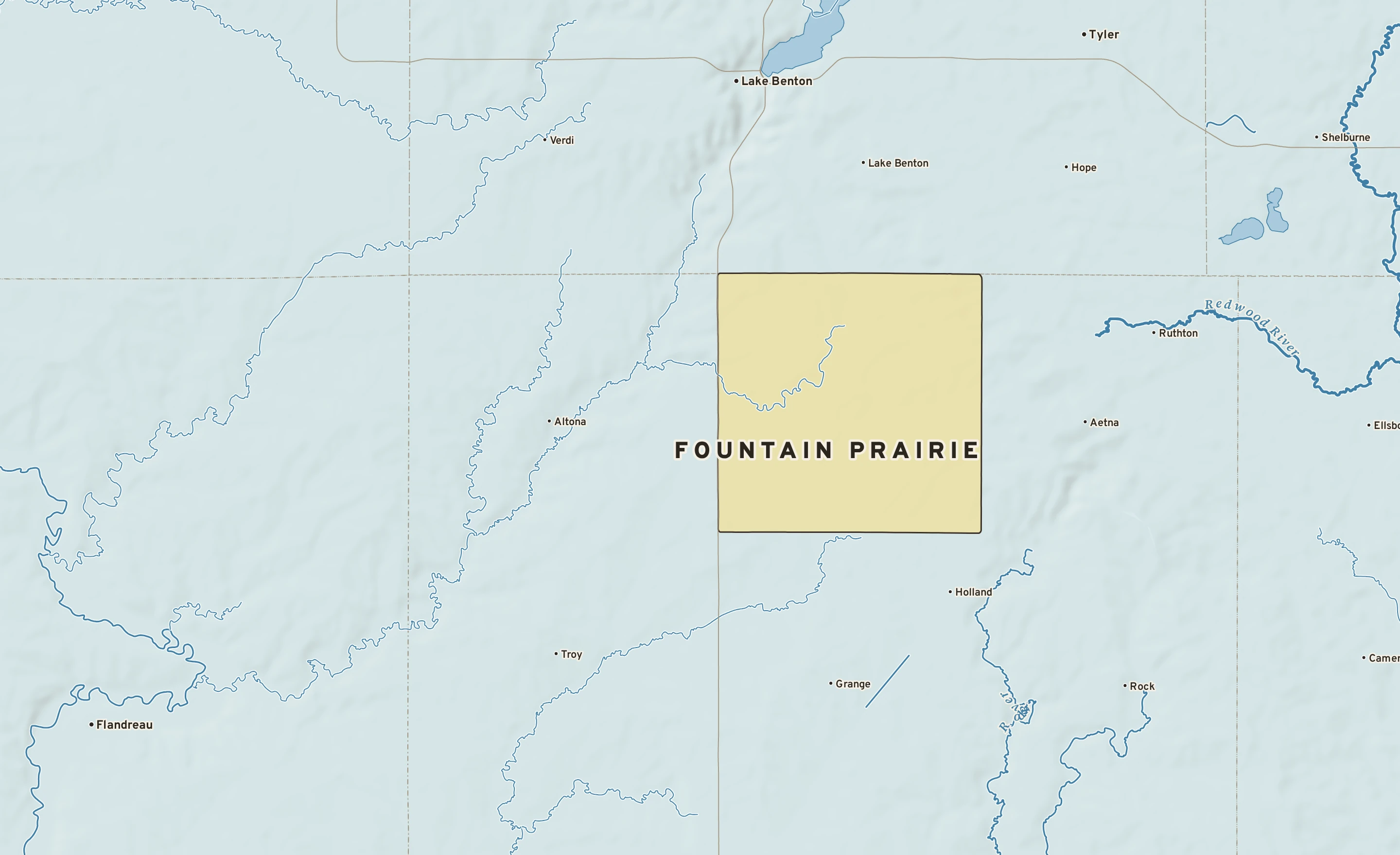 Shaded-relief atlas plate of Fountain Prairie, Minnesota: rivers, roads, the city limits and where the water drains.